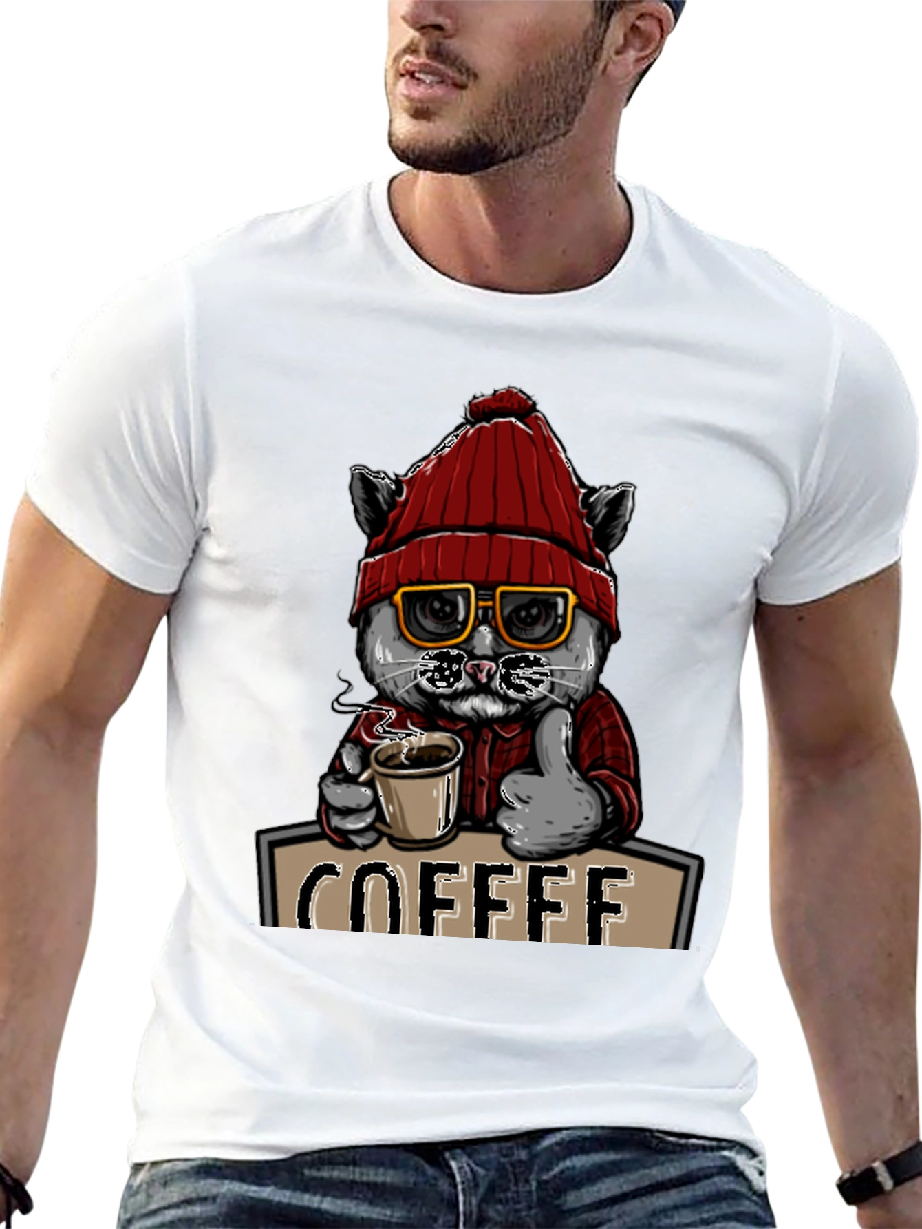 Coffee Cat T-Shirt - Red Hat Glasses Caffeine