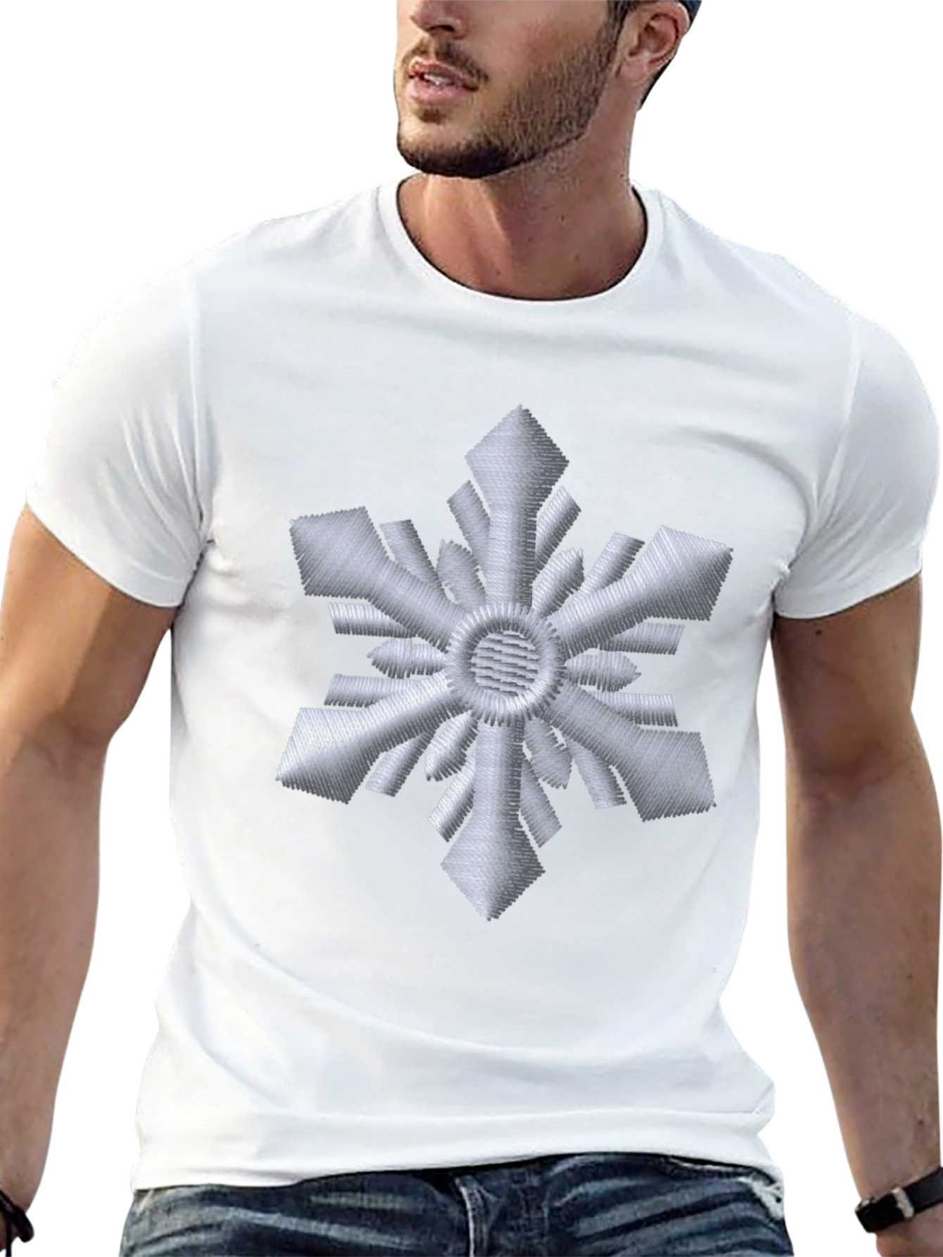 Embroidered Snowflake Black T-Shirt