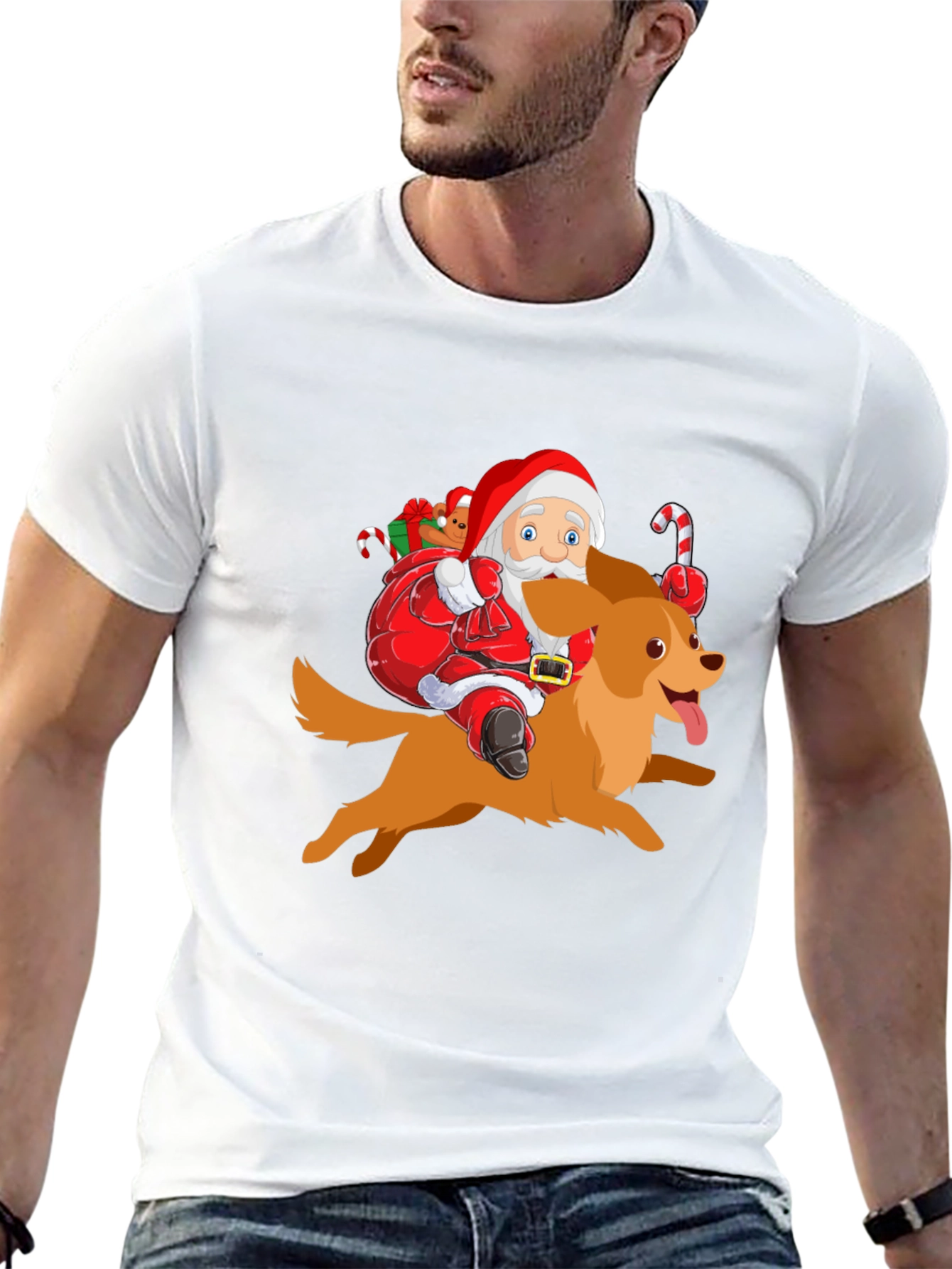 Festive Santa Riding Dog Graphic Tee