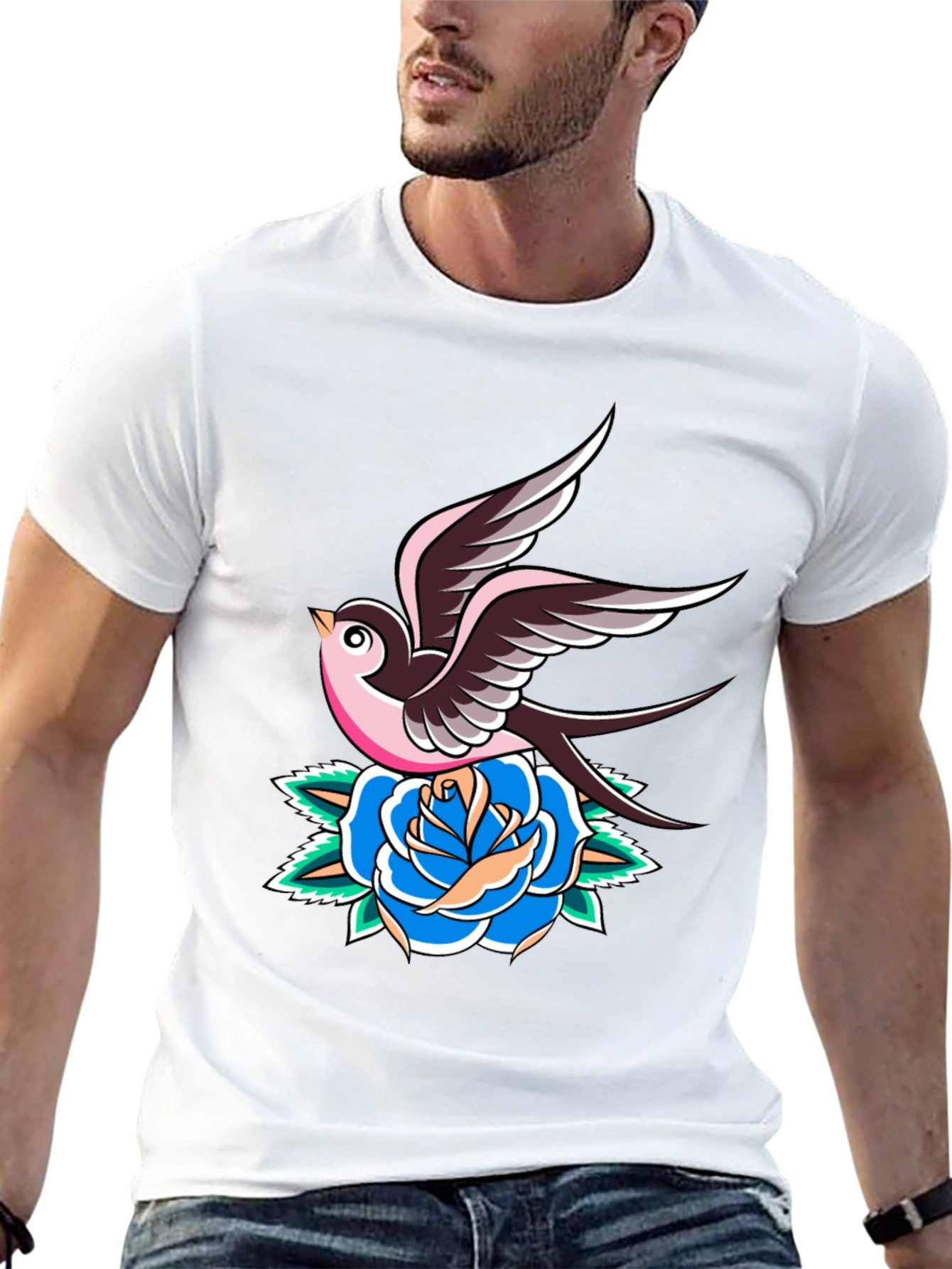 Swallow and Rose Graphic Black T-Shirt