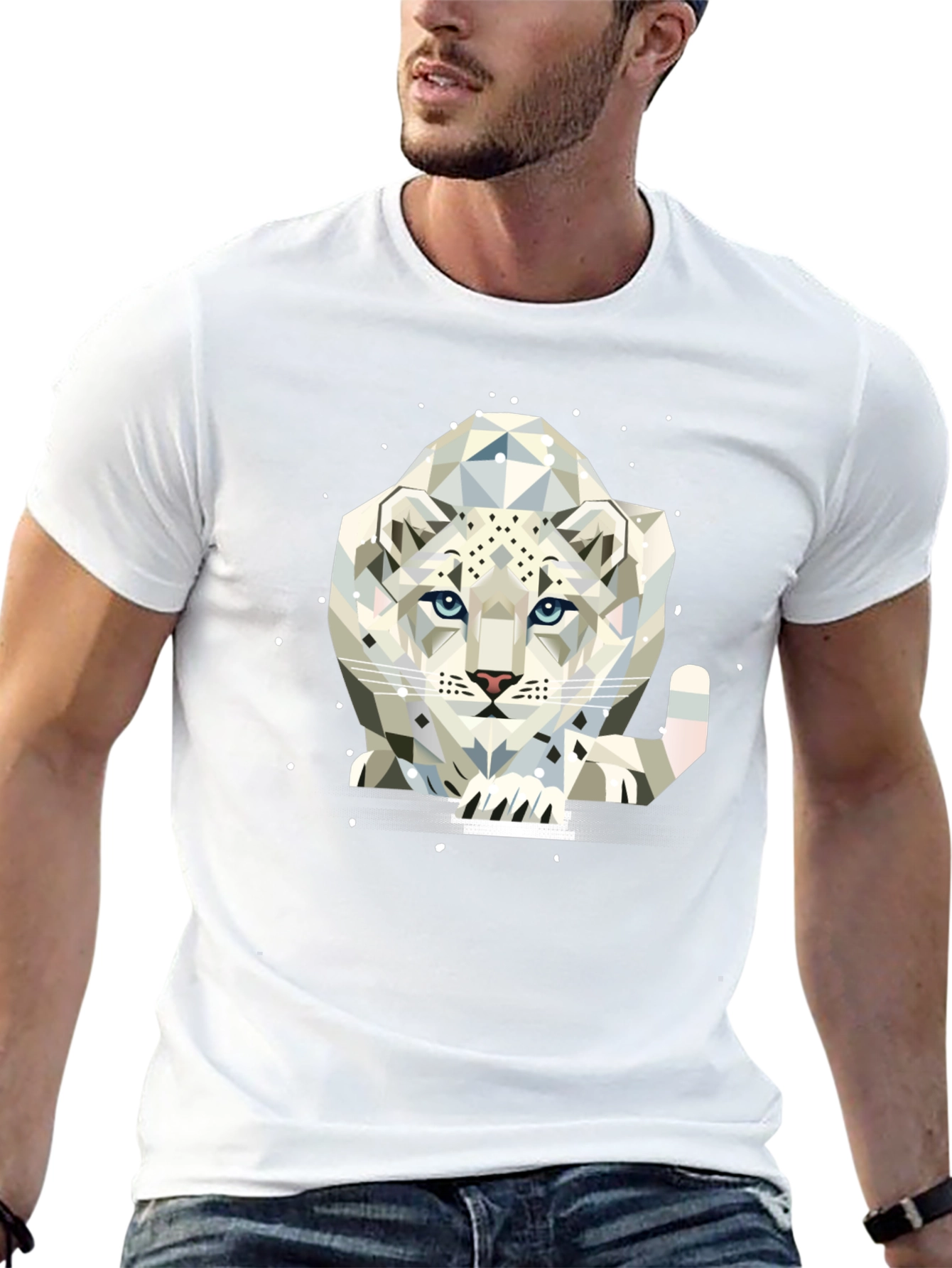 Geometric Snow Leopard Graphic Tee - Black T-Shirt