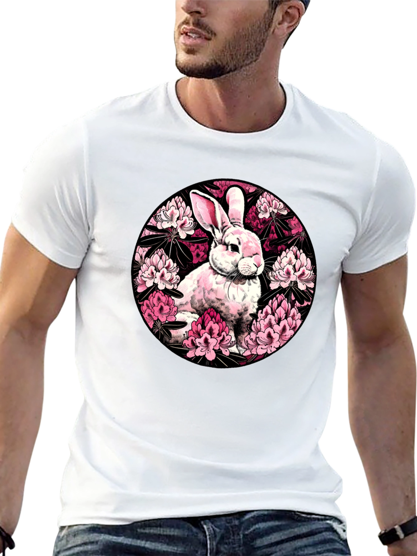 Rabbit Floral Print Black T-Shirt