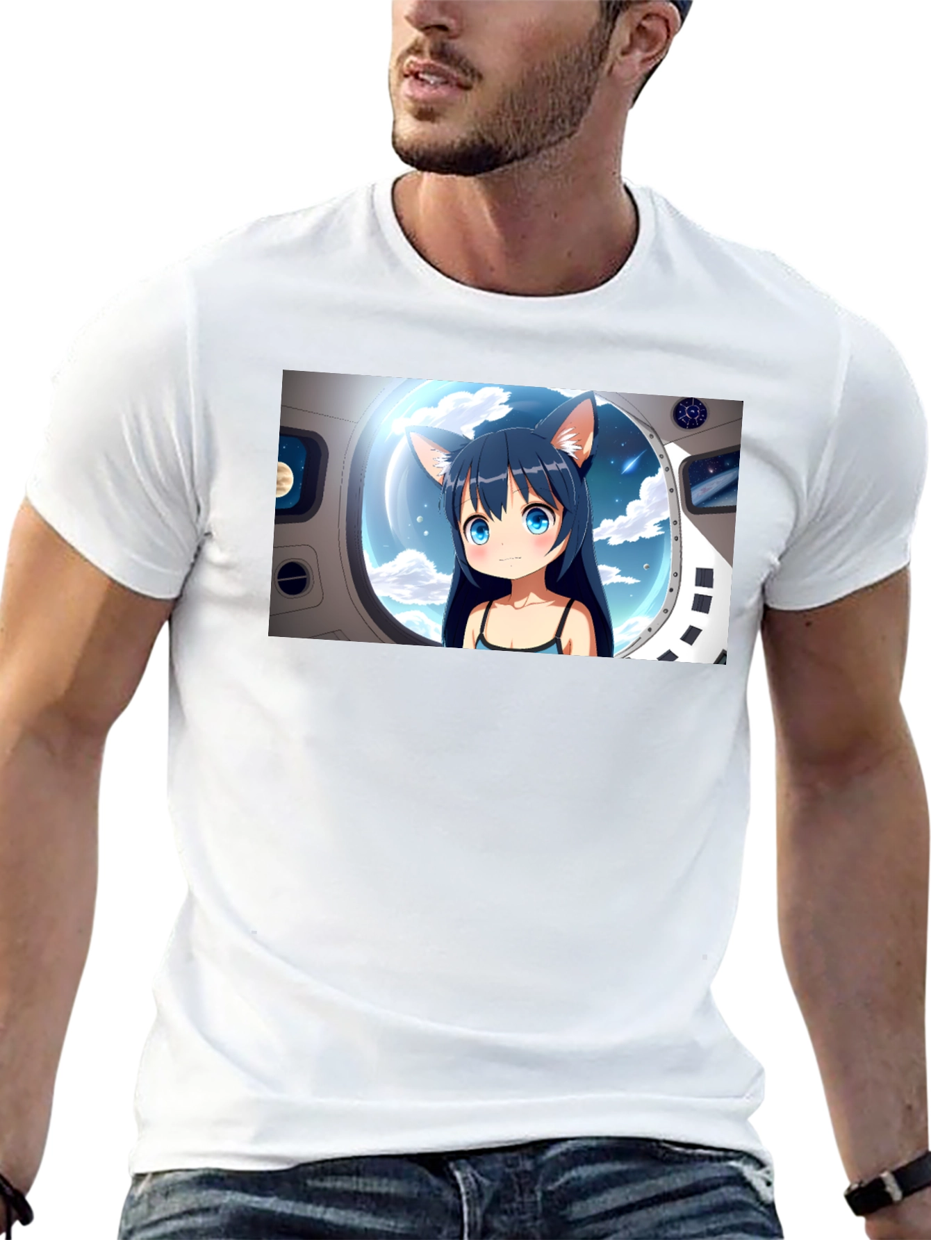 Anime Cat Girl in Space Black T-Shirt