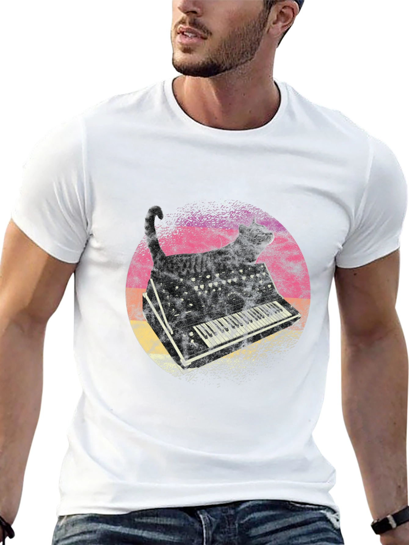 Cat Keyboard Graphic T-Shirt - Unique Music Lover Tee