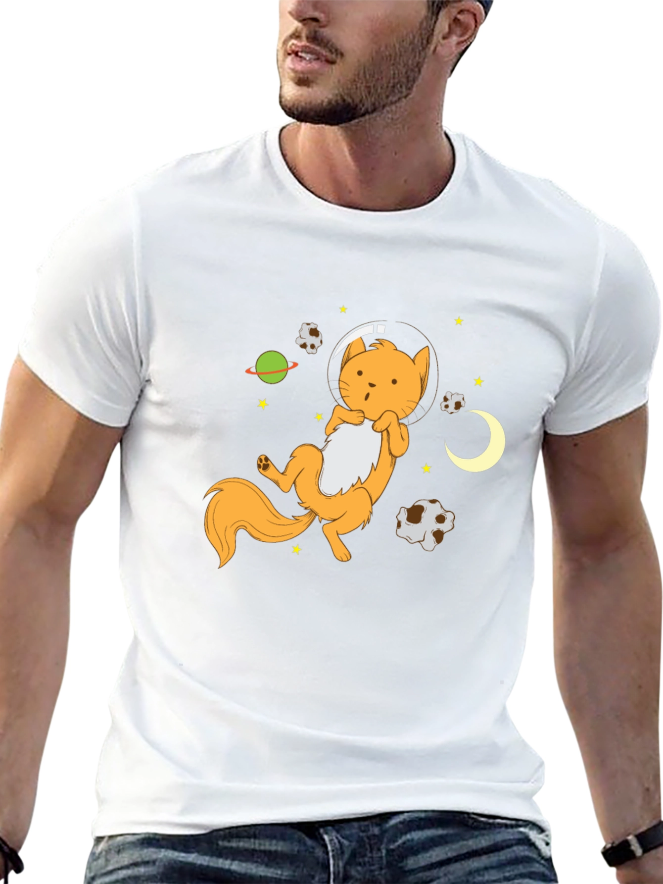 Astronaut Cat Graphic Tee - Black Cotton Blend T-Shirt