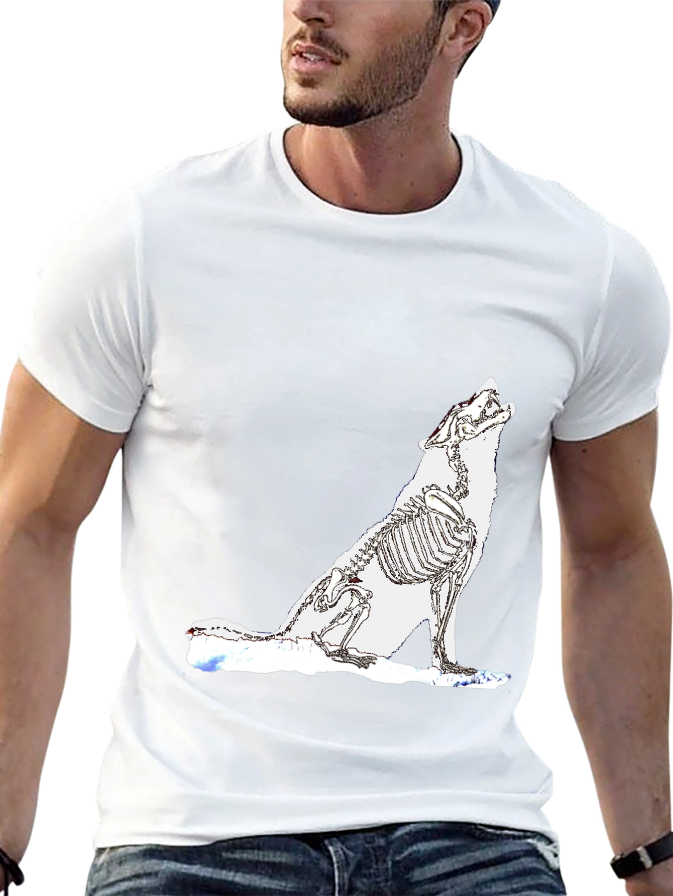 Black T-Shirt with Wolf Skeleton Design
