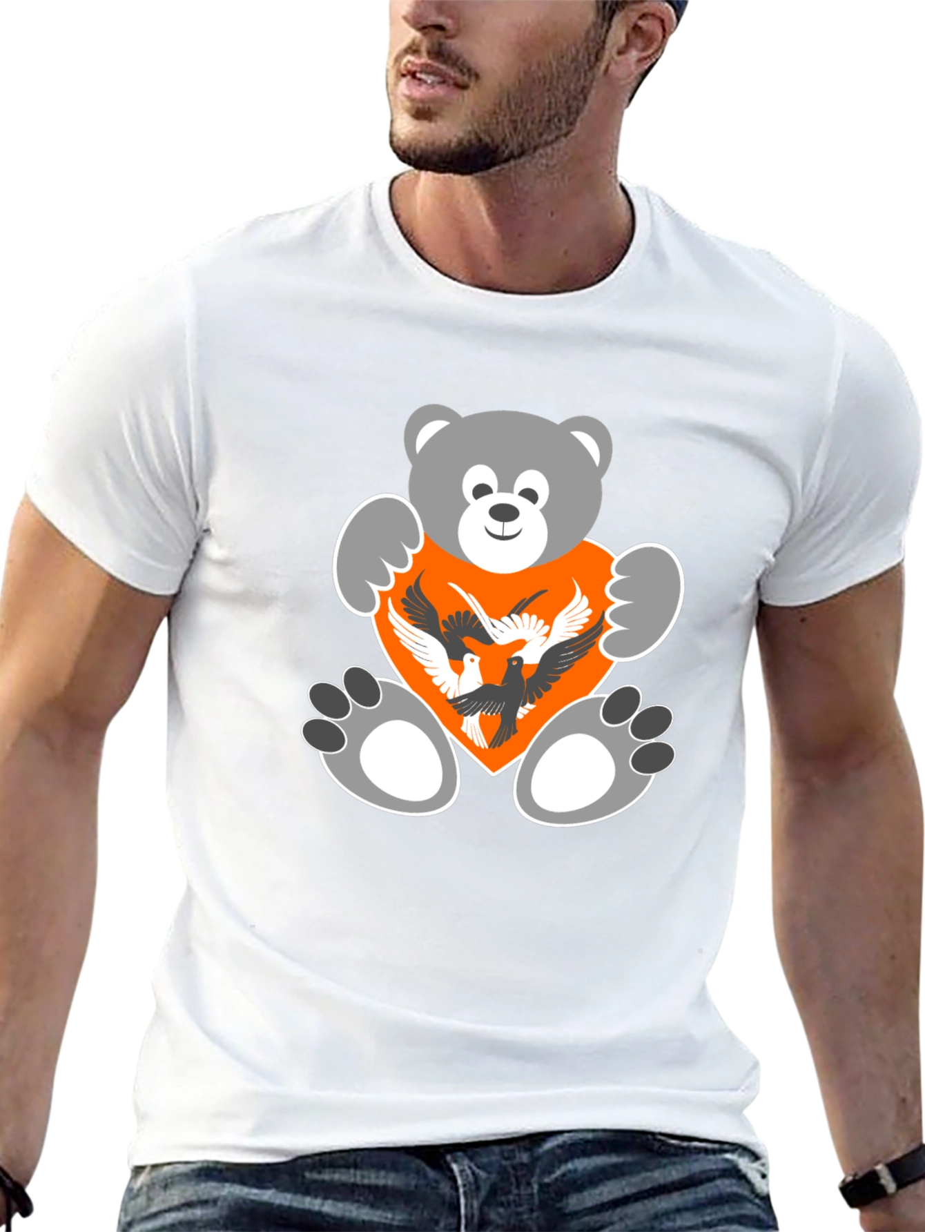 Bear and Birds Graphic Black T-Shirt