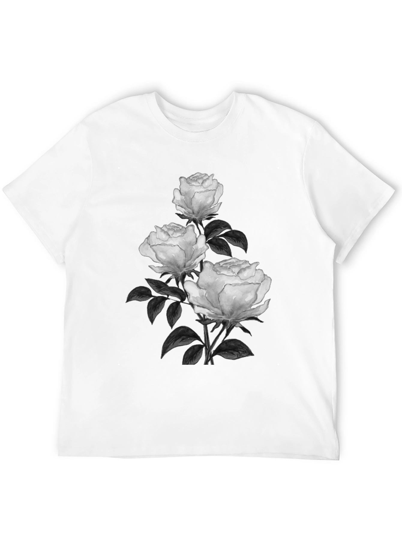 Elegant Rose Print Black T-Shirt