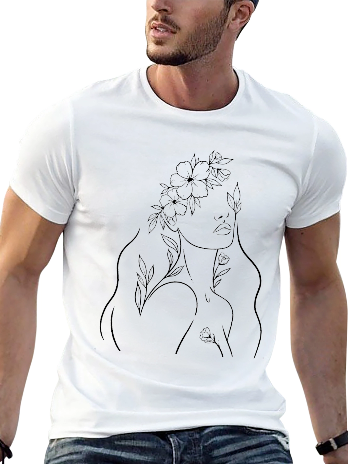 Elegant Floral Line Art Black T-Shirt