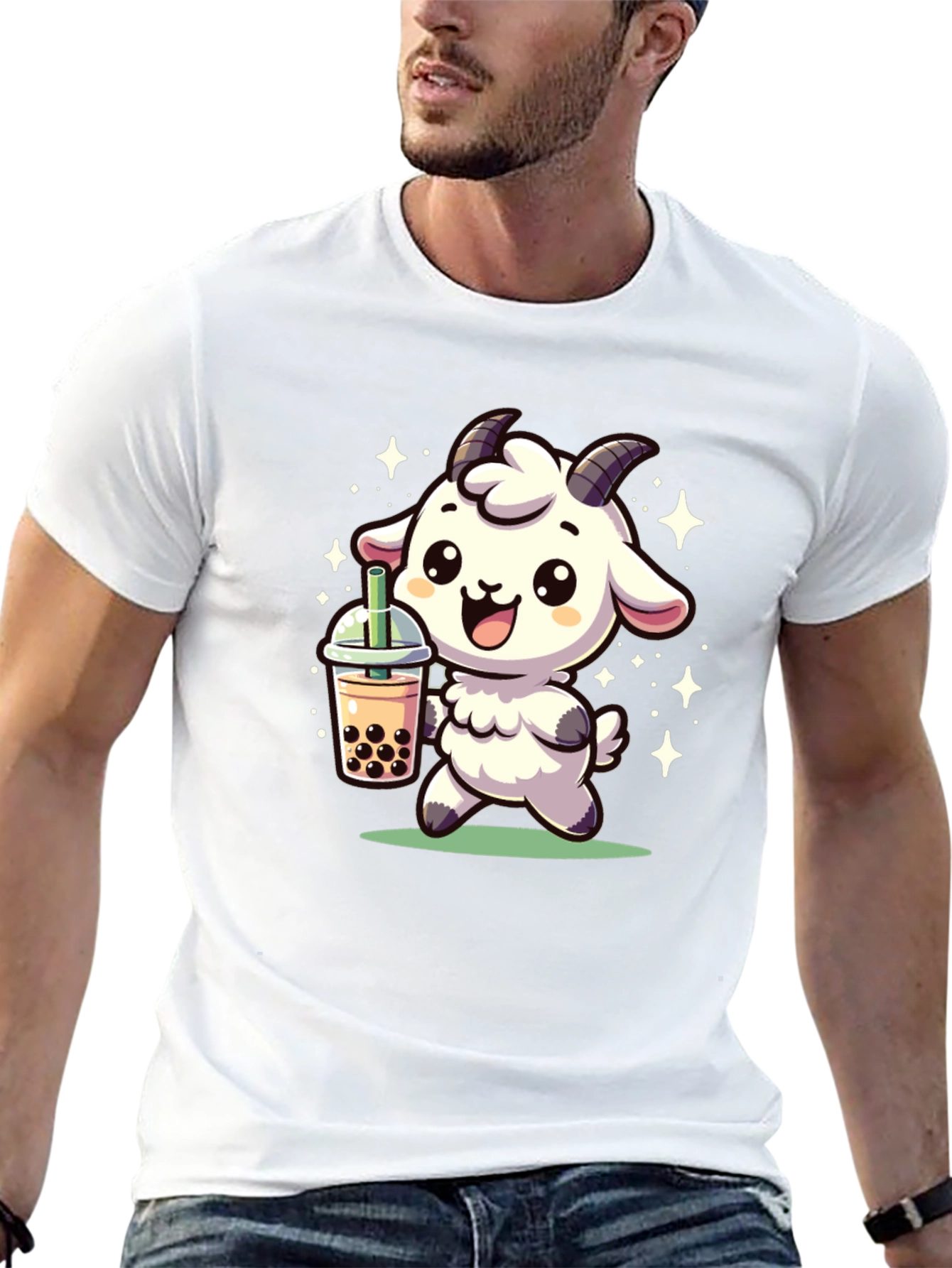Cute Goat Bubble Tea Black T-Shirt