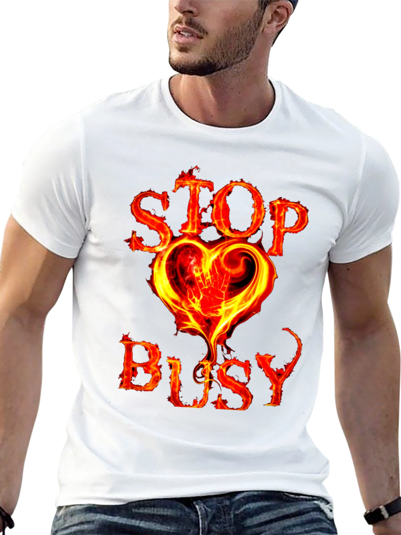 Stop Busy Flaming Heart Graphic Black Tee
