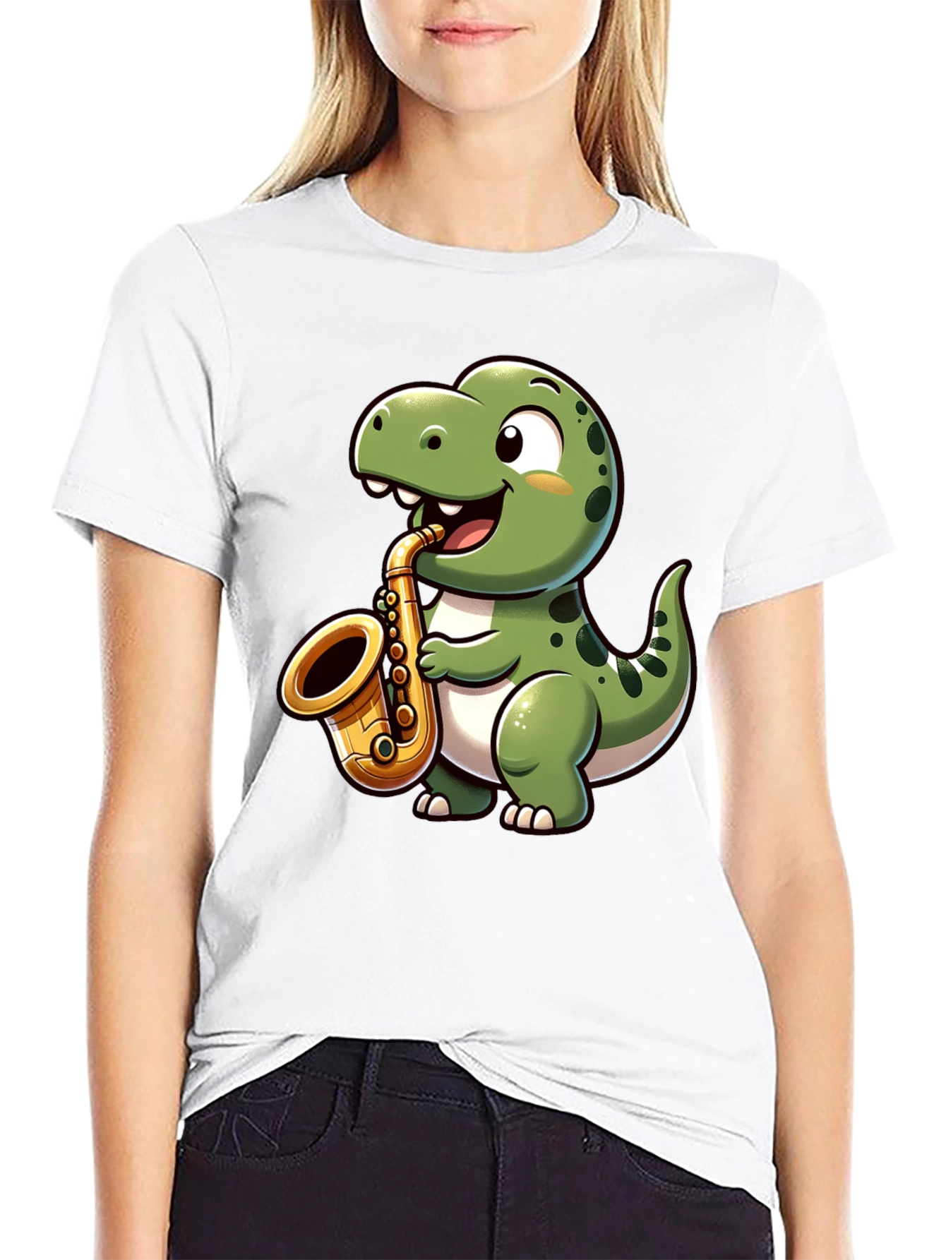 Dino Sax T-Shirt - Cartoon Dinosaur Playing Saxophone