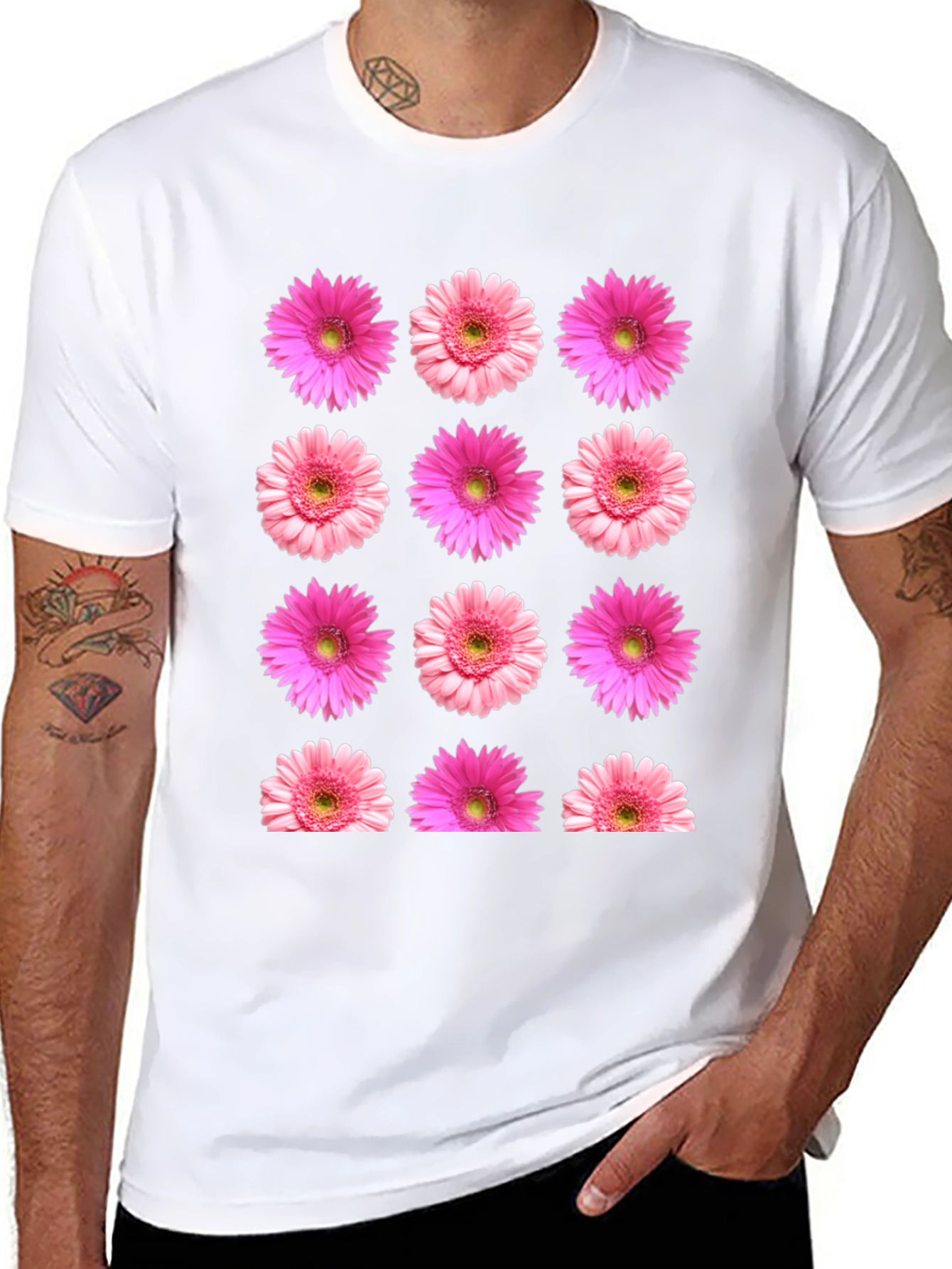 Pink Daisy Floral Print Black T-Shirt