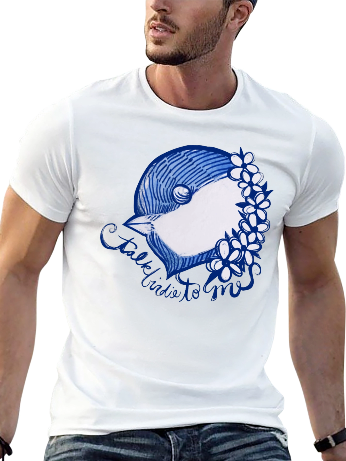 Black T-Shirt with Bird & Flowers Graphic