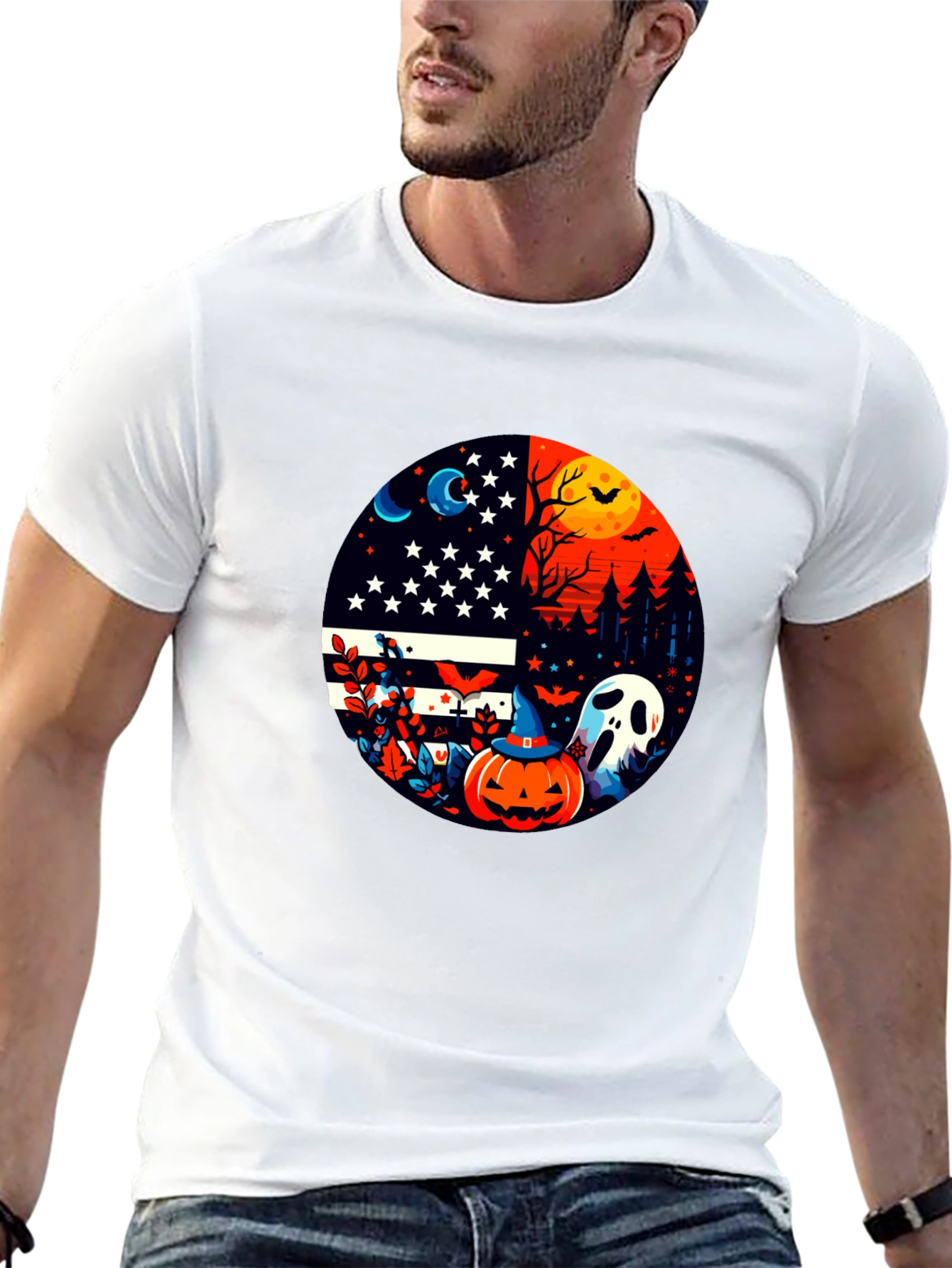 Halloween USA Flag Pumpkin Ghost T-Shirt