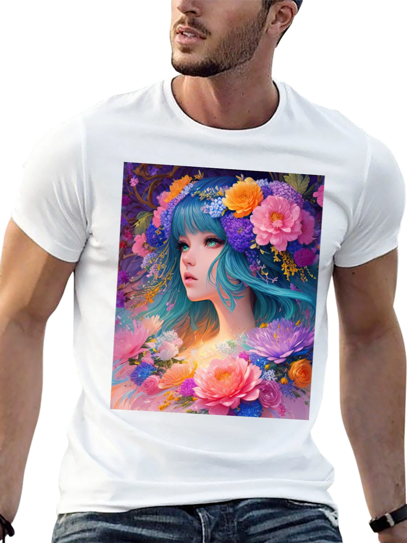 Floral Anime Girl Black T-Shirt