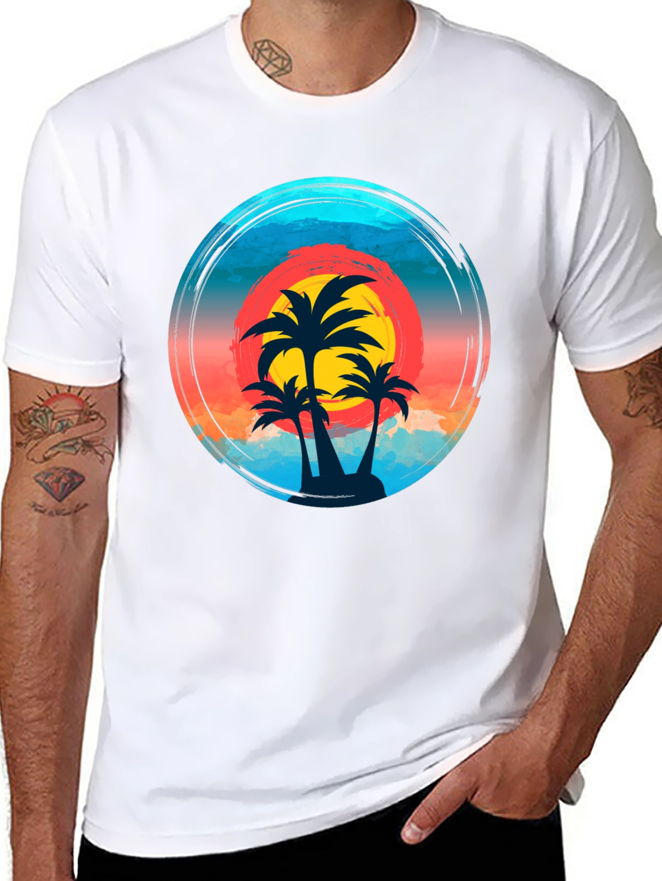 Tropical Sunset Palm Tree Graphic T-Shirt