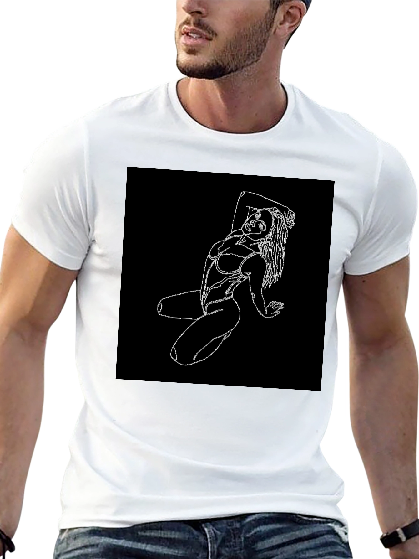 Black T-Shirt with White Line Art Woman Graphic