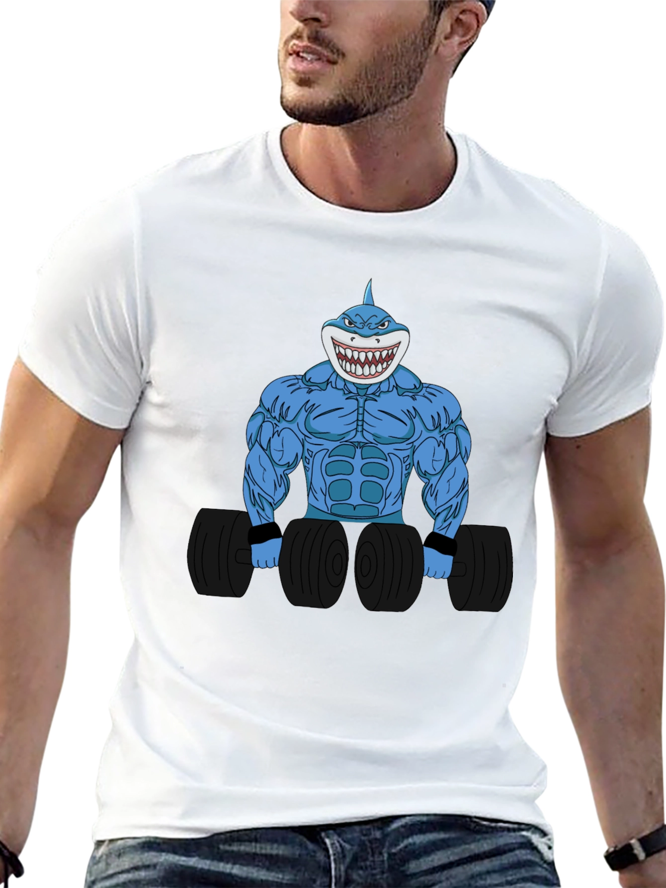 Shark Bodybuilder Graphic Tee - Black Cotton T-Shirt