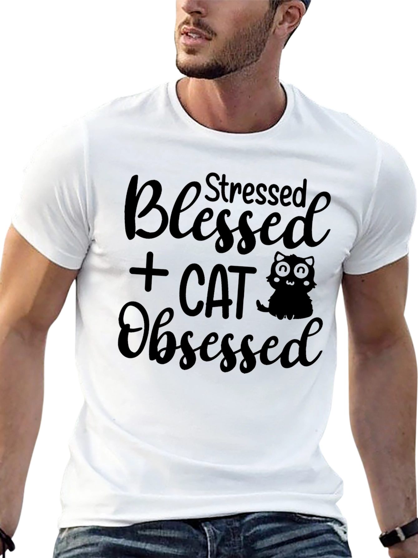 Stressed Blessed Cat Obsessed Black T-Shirt