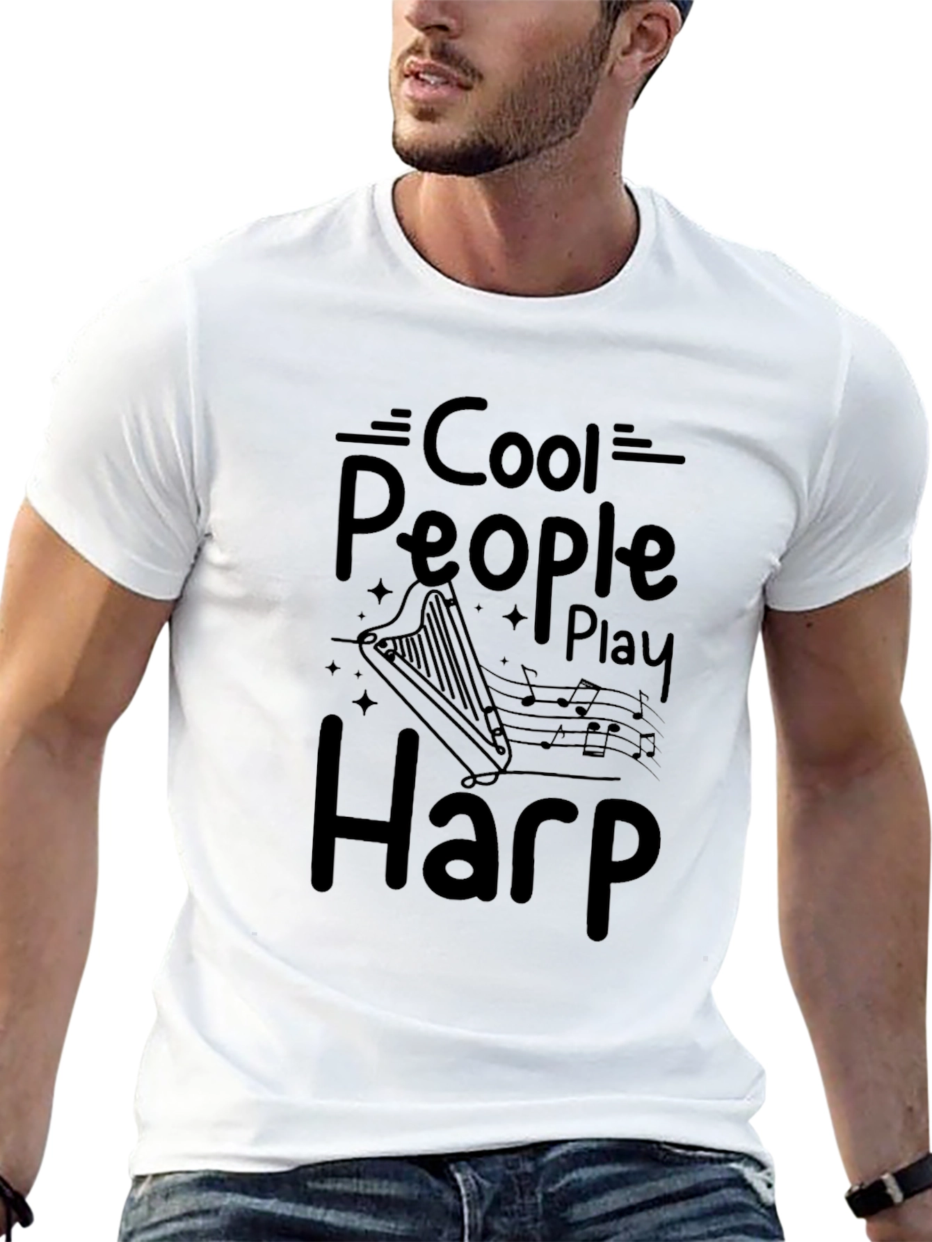 Cool People Play Harp Black Graphic Tee
