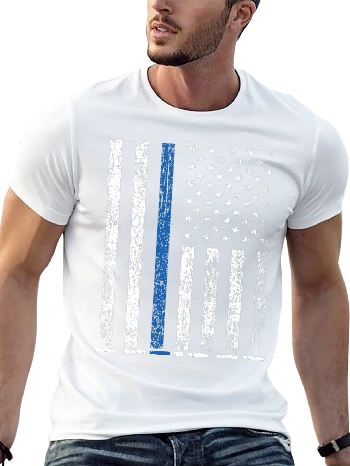 Distressed Thin Blue Line American Flag T-Shirt