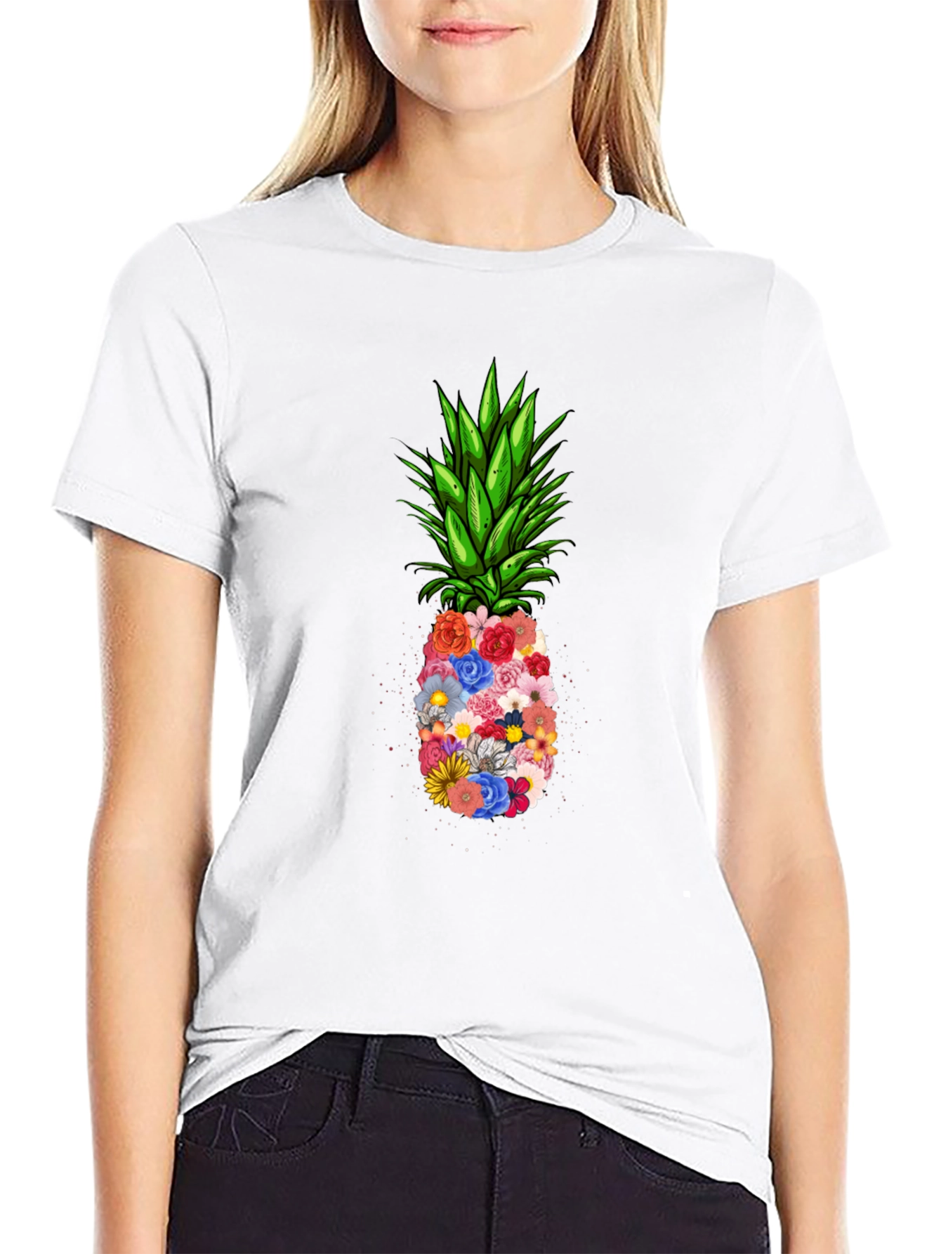 Floral Pineapple Graphic Tee - Black T-Shirt