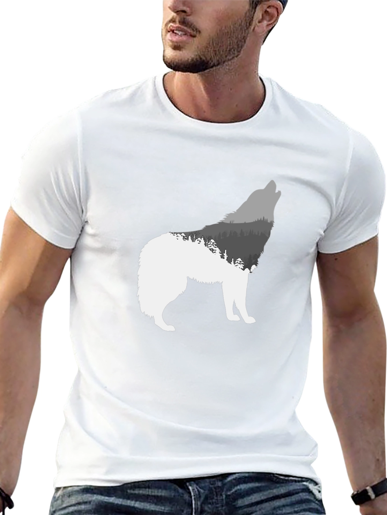 Wolf Silhouette Forest Graphic Tee - Black