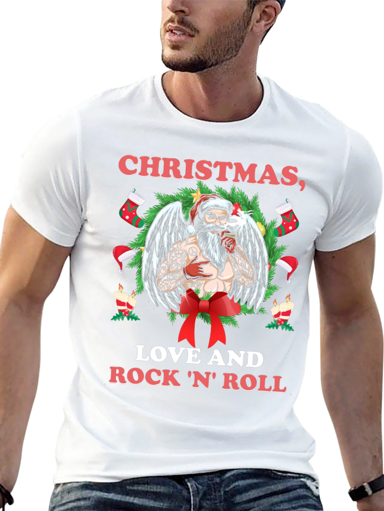 Christmas Love & Rock N Roll Santa T-Shirt