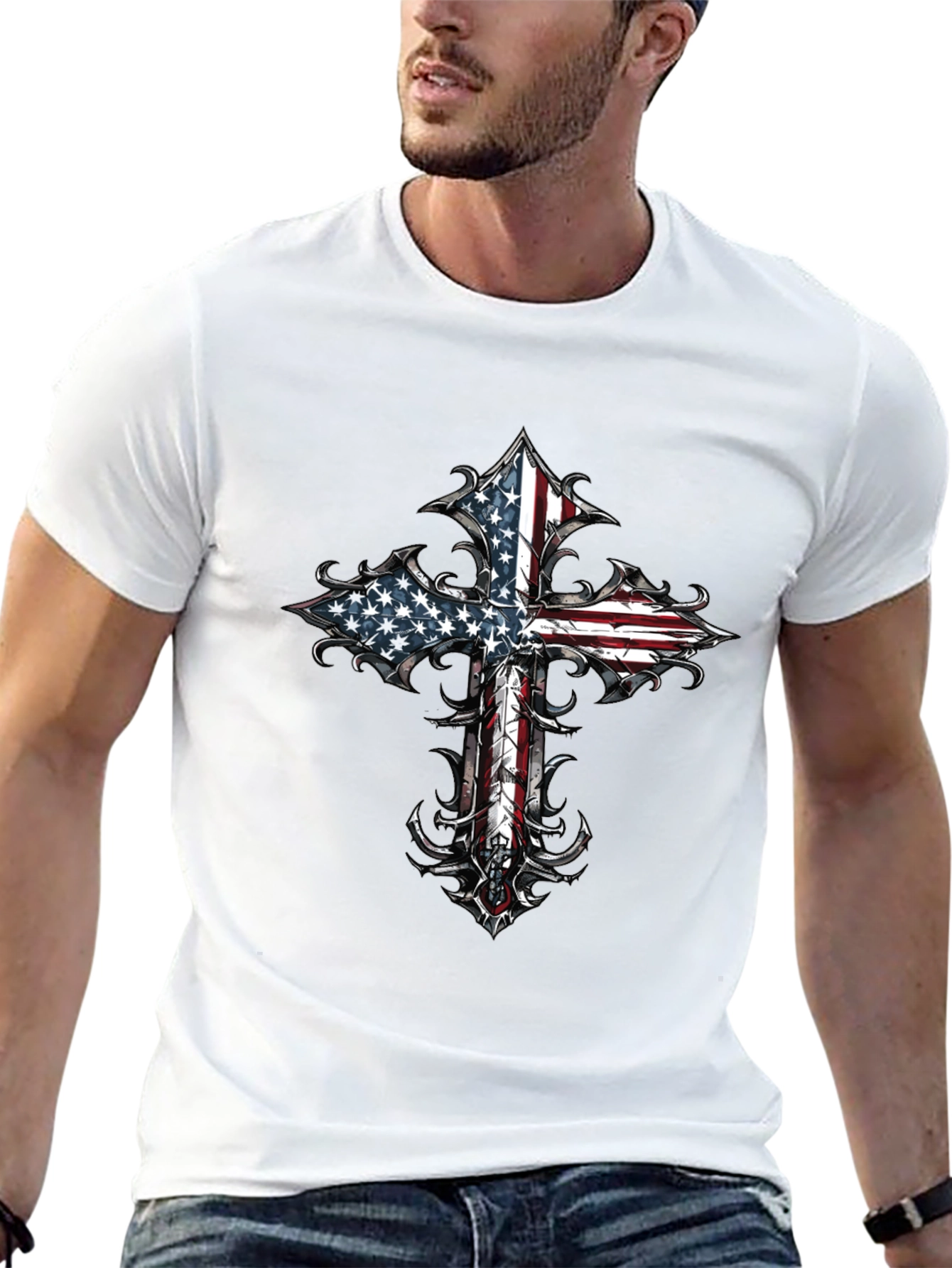 American Flag Cross Graphic Tee - Black