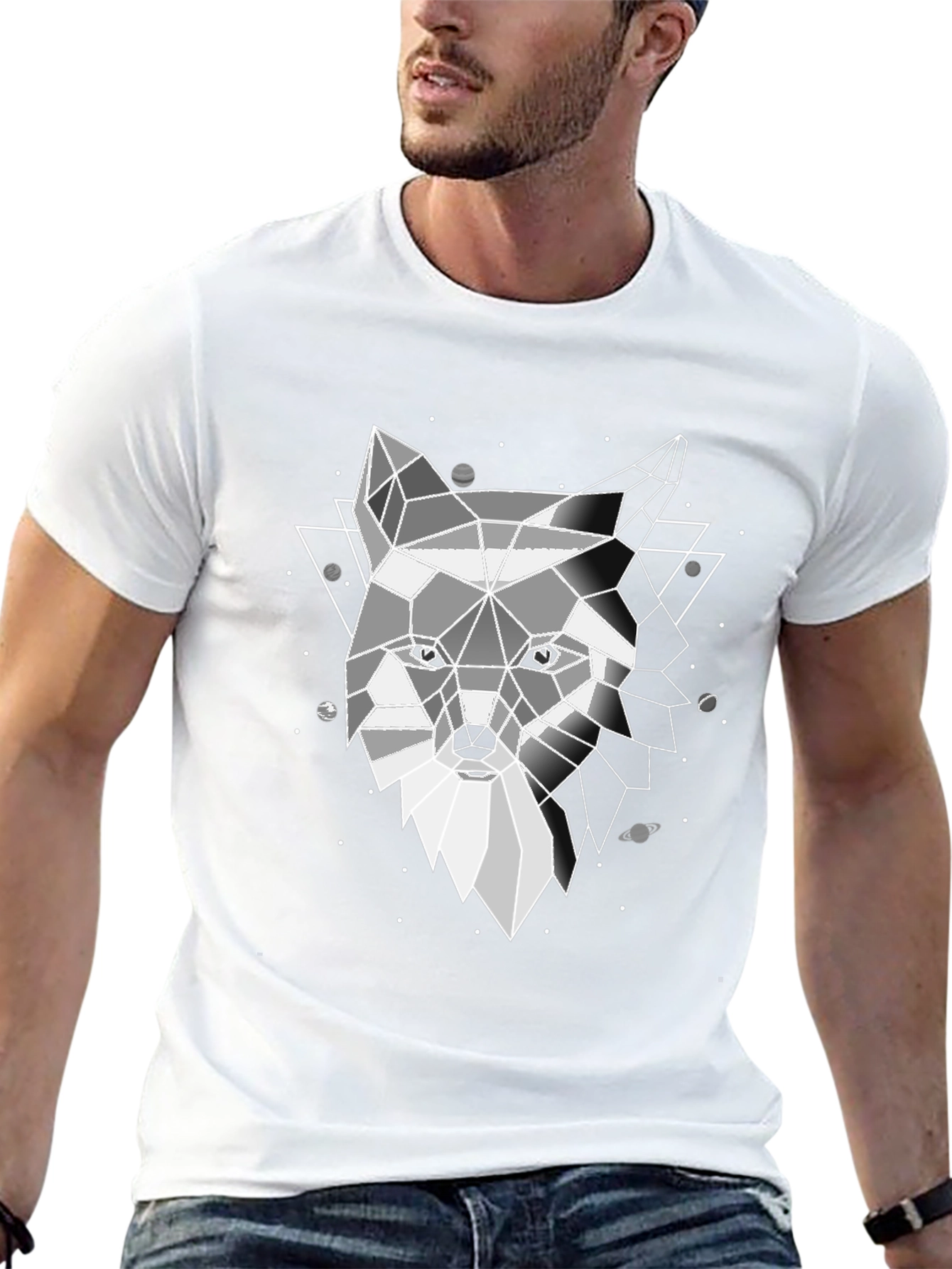 Geometric Wolf Print Black T-Shirt