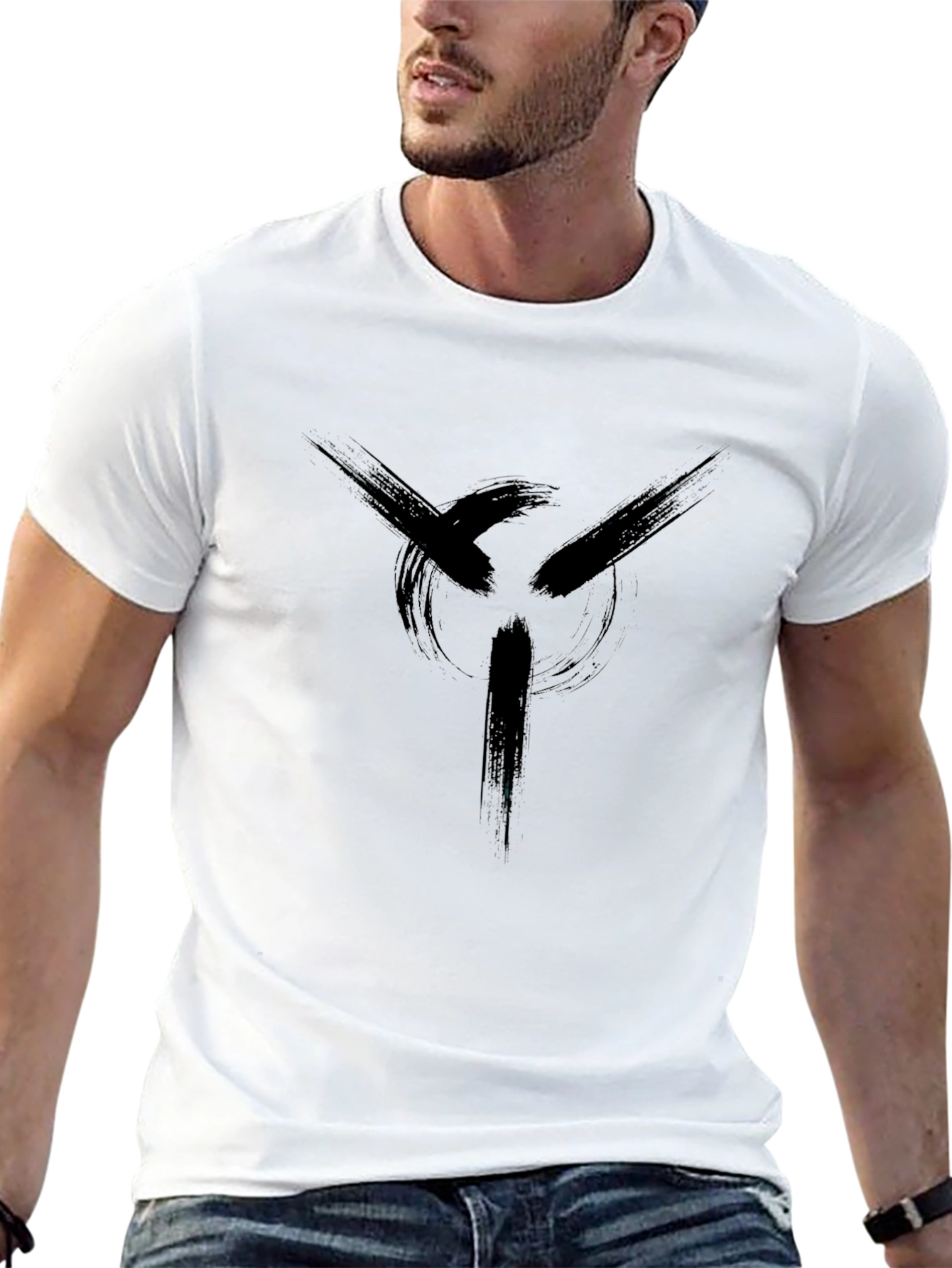 Mens Black Graphic Tee - Abstract Circle Brushstroke Design