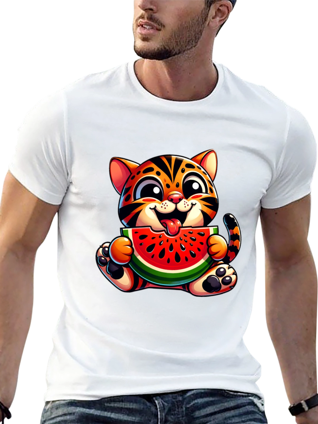 Cute Kitten Eating Watermelon Graphic T-Shirt