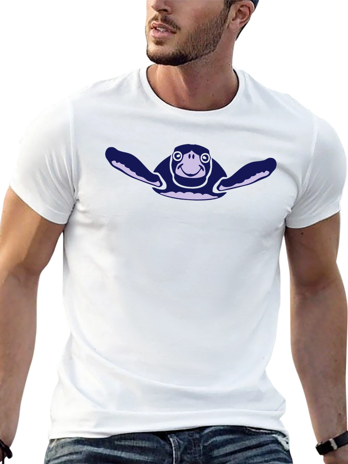 Mens Black T-Shirt with Cartoon Turtle Graphic