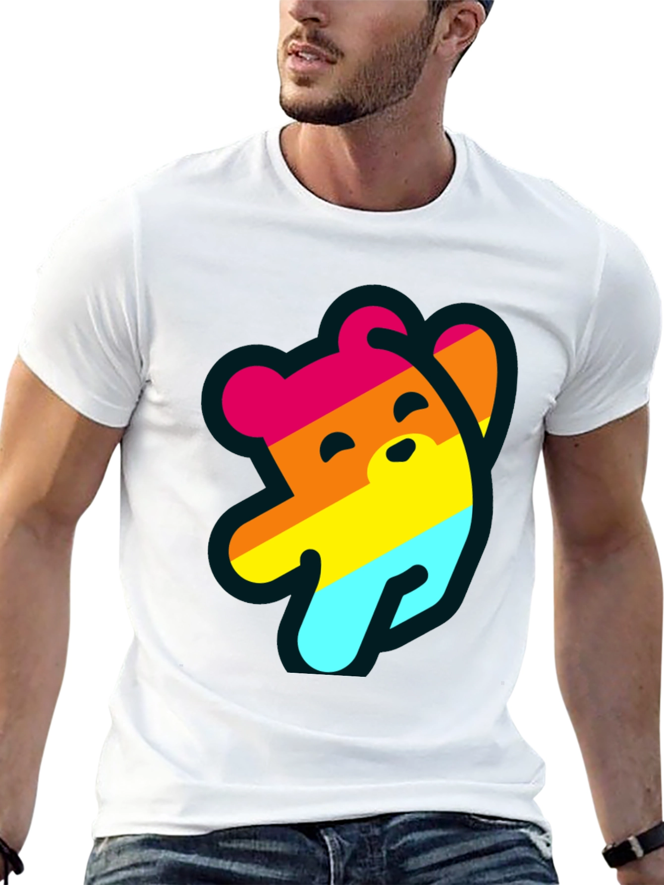 Rainbow Bear Graphic Tee - Casual Black T-Shirt