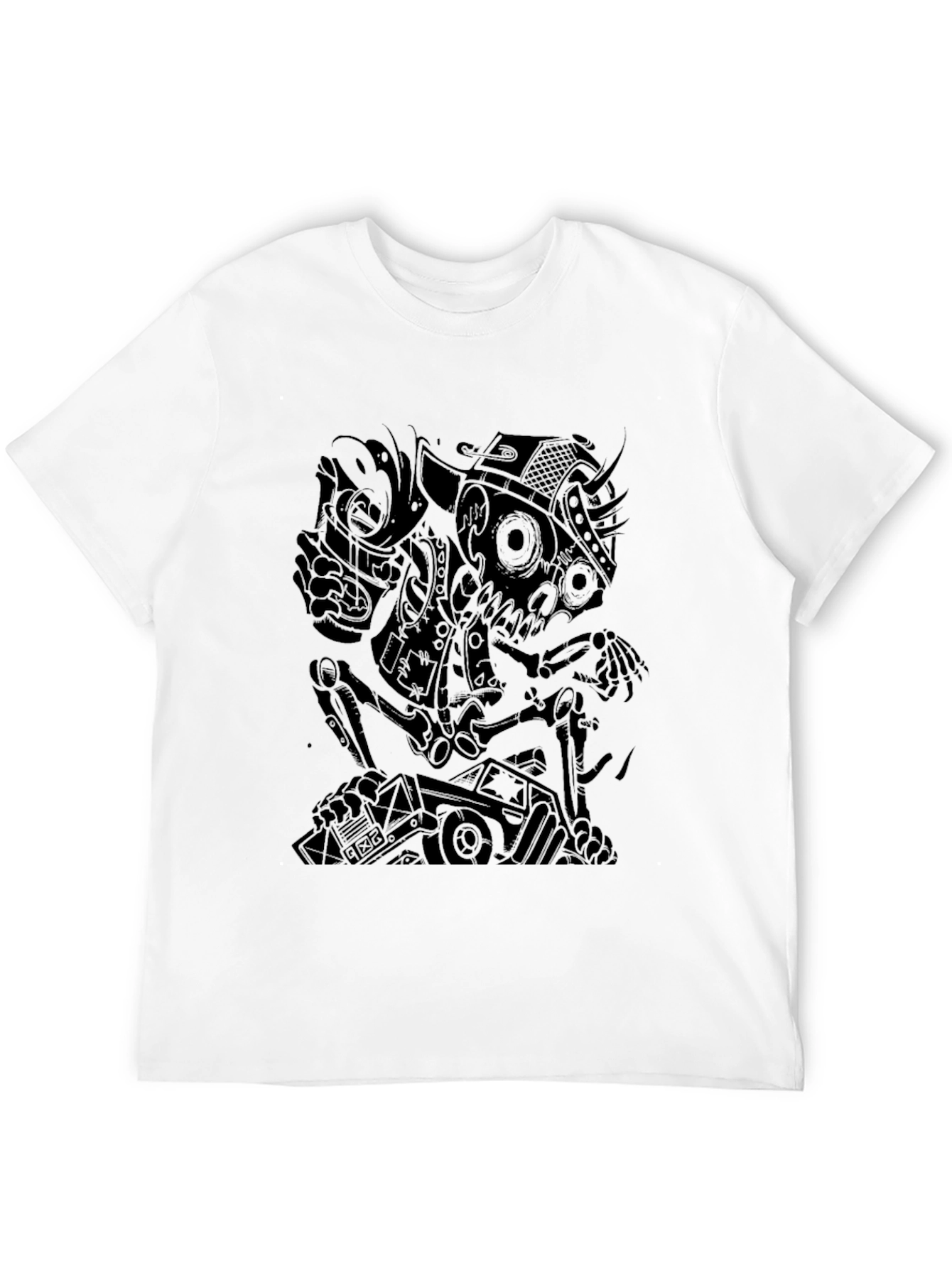 Edgy Black Graphic Tee - Skull & Robot Design