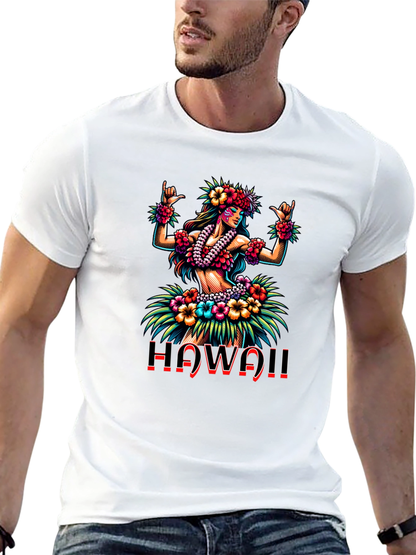 Hawaii Hula Girl Graphic Print Black T-Shirt