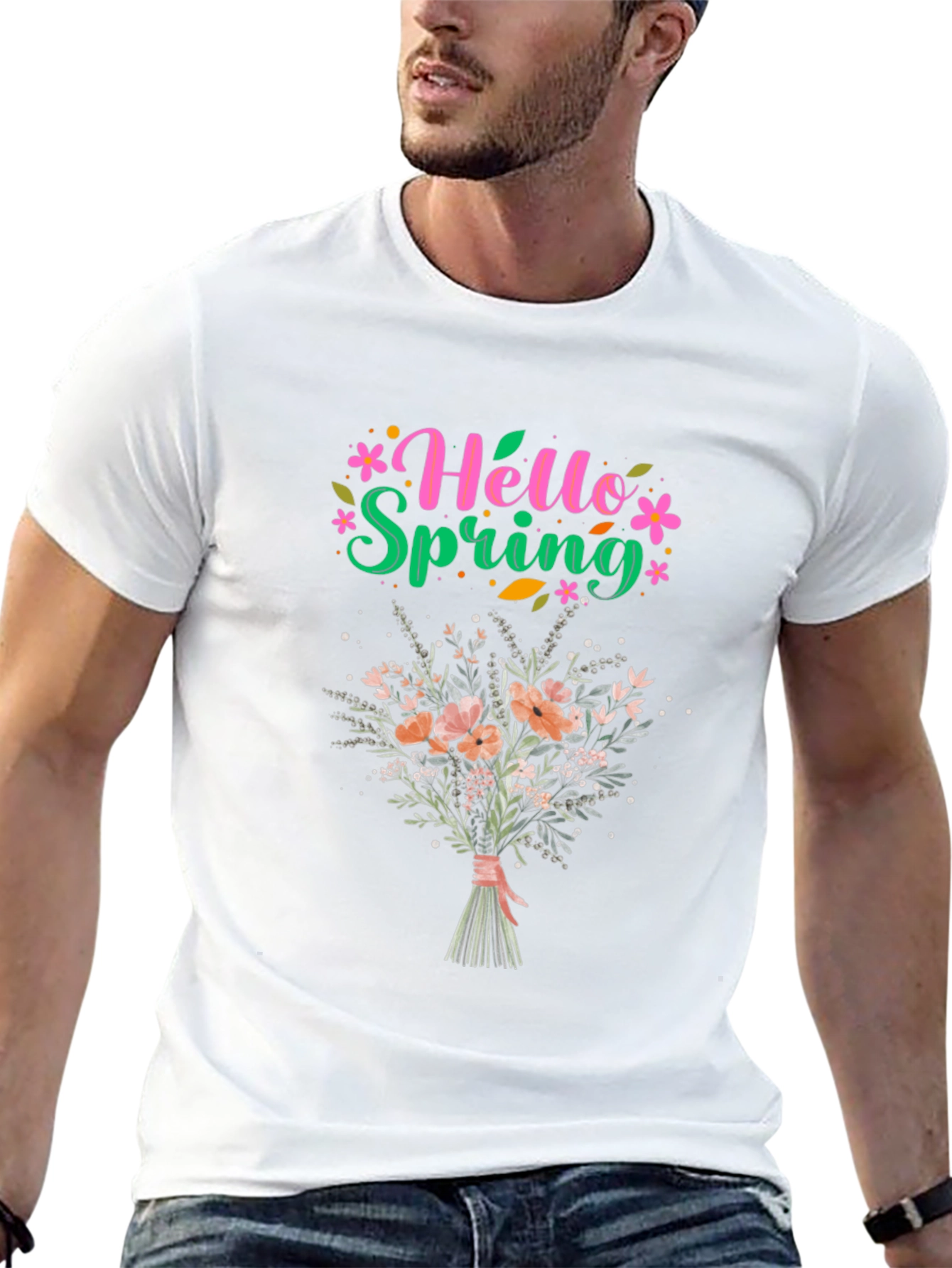 Hello Spring Floral Bouquet Graphic T-Shirt