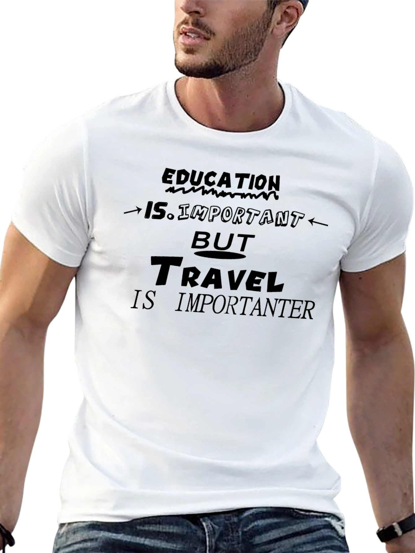 Education vs. Travel Graphic Tee - Black Cotton T-Shirt