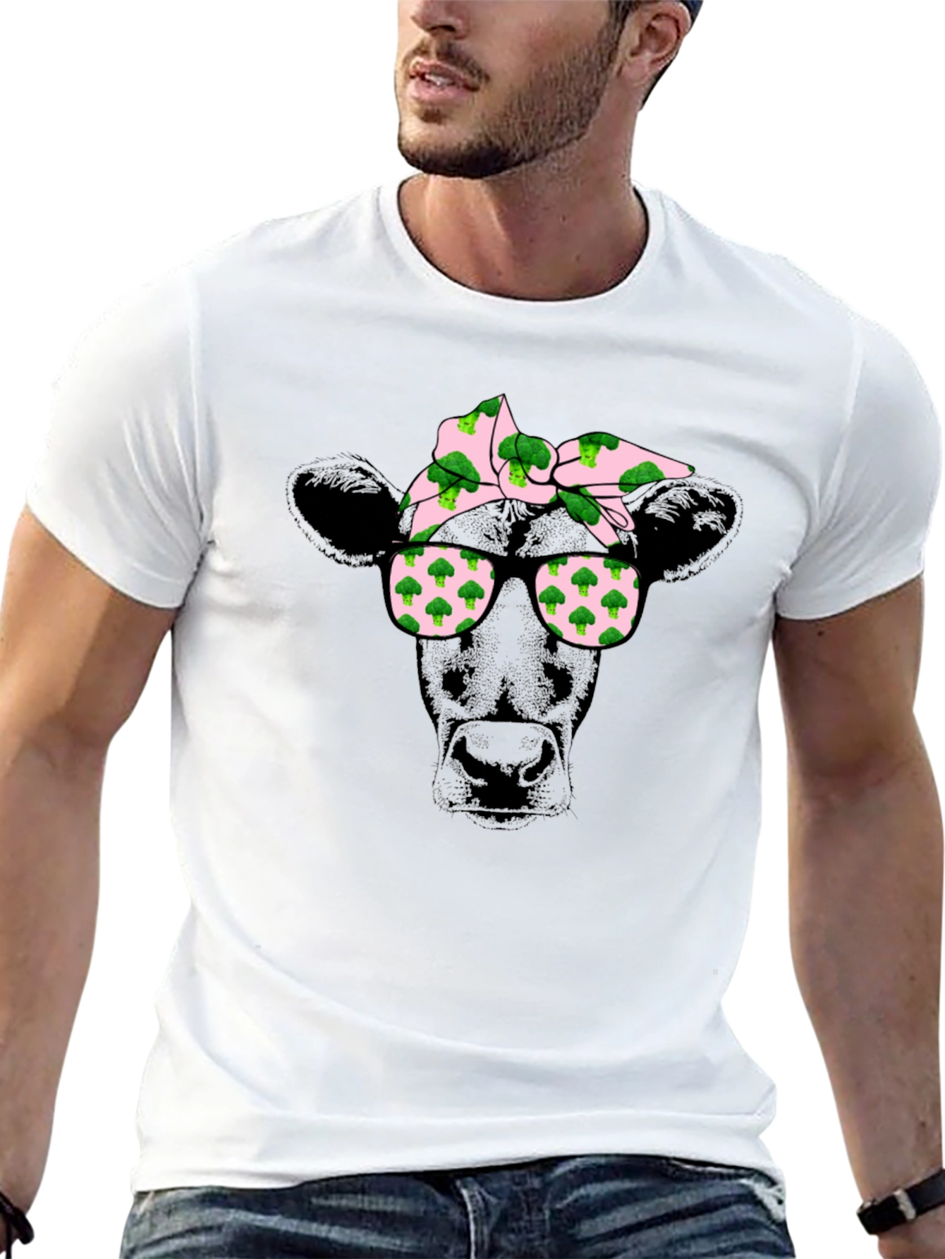 Cow with Broccoli Bandana Graphic T-Shirt