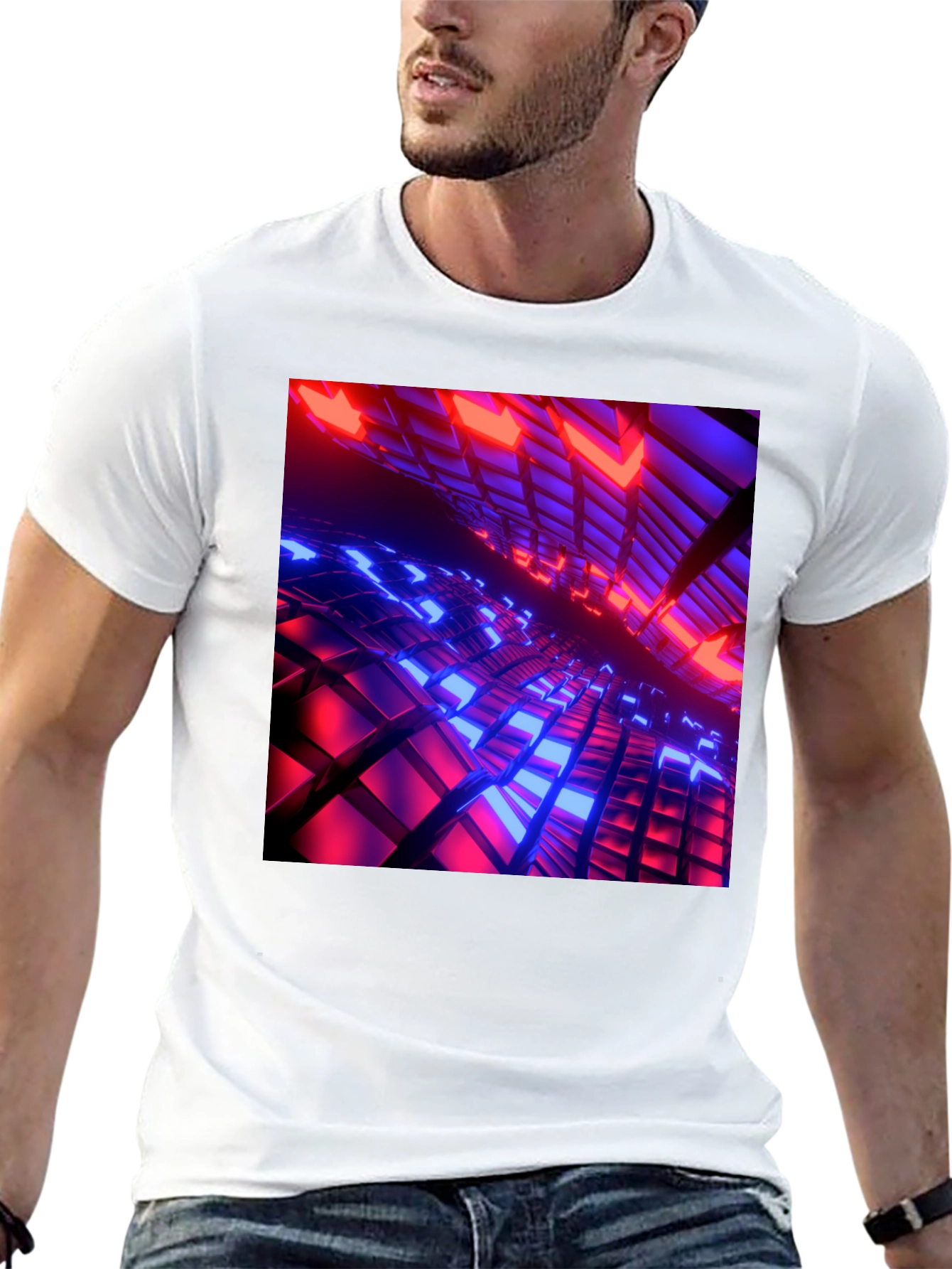 Cyber Grid T-Shirt: Red & Blue 3D Block Design