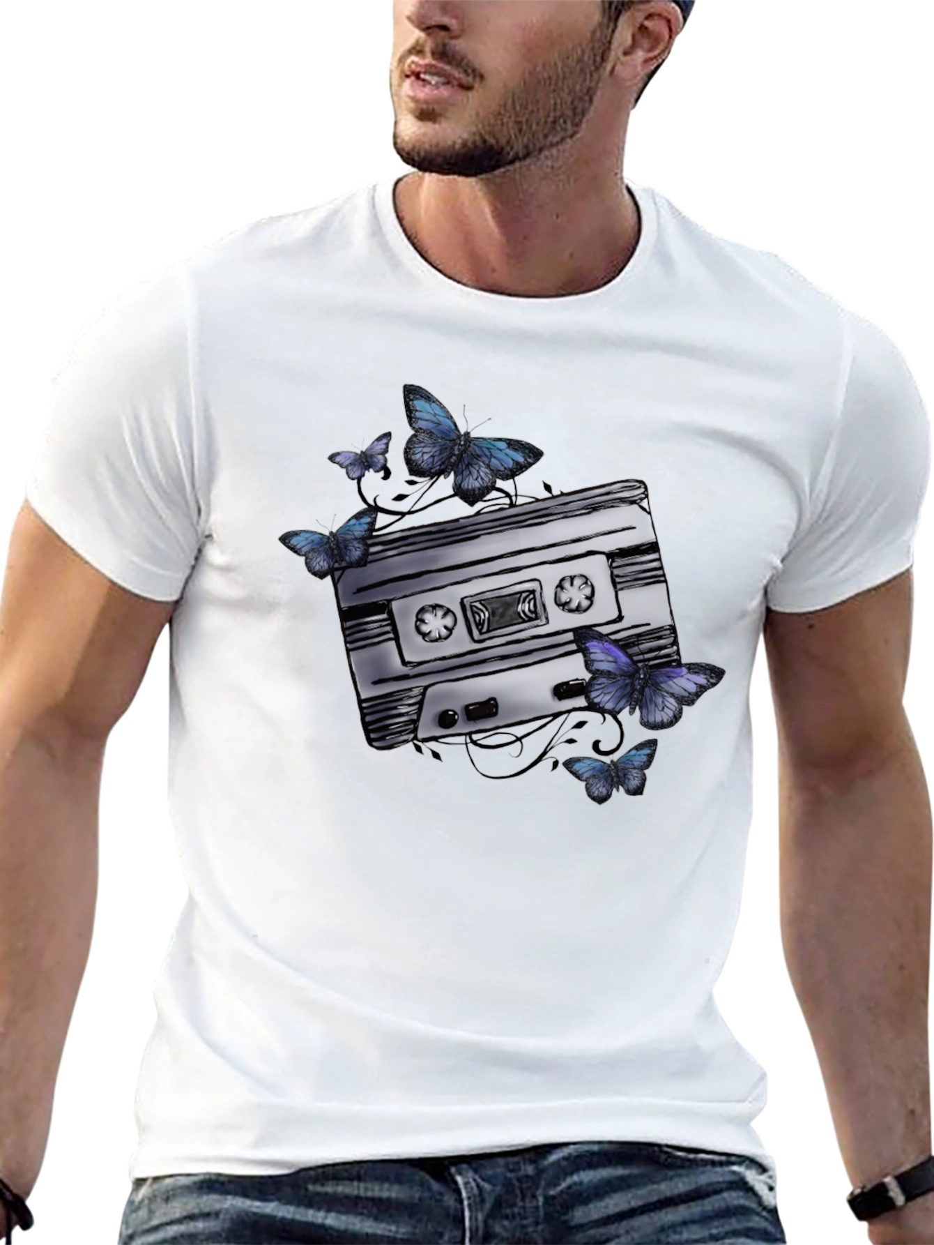 Retro Cassette Tape & Butterfly Graphic T-Shirt