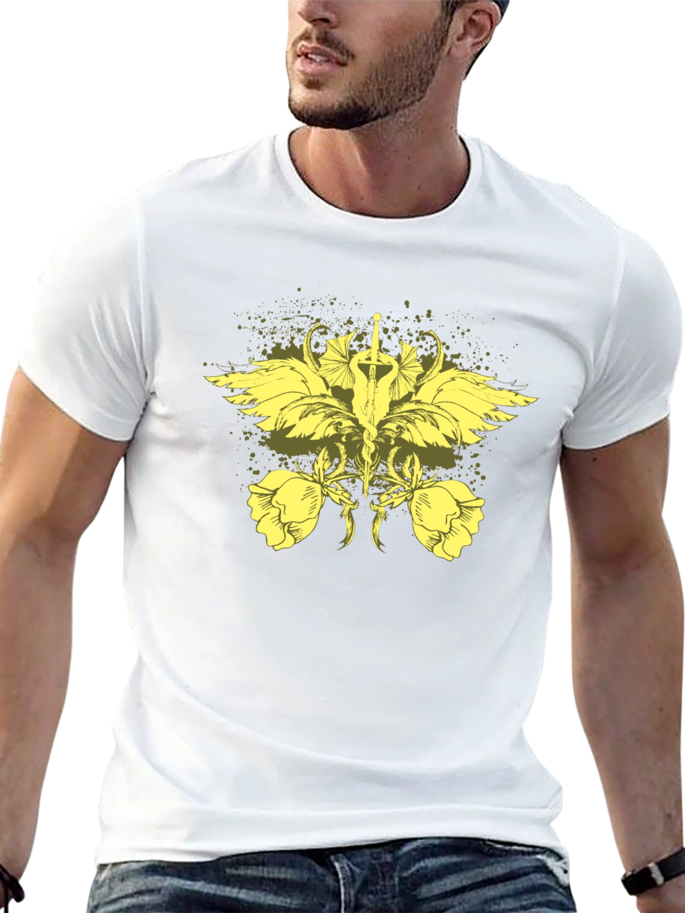 Black T-Shirt with Artistic Sword and Wing Design