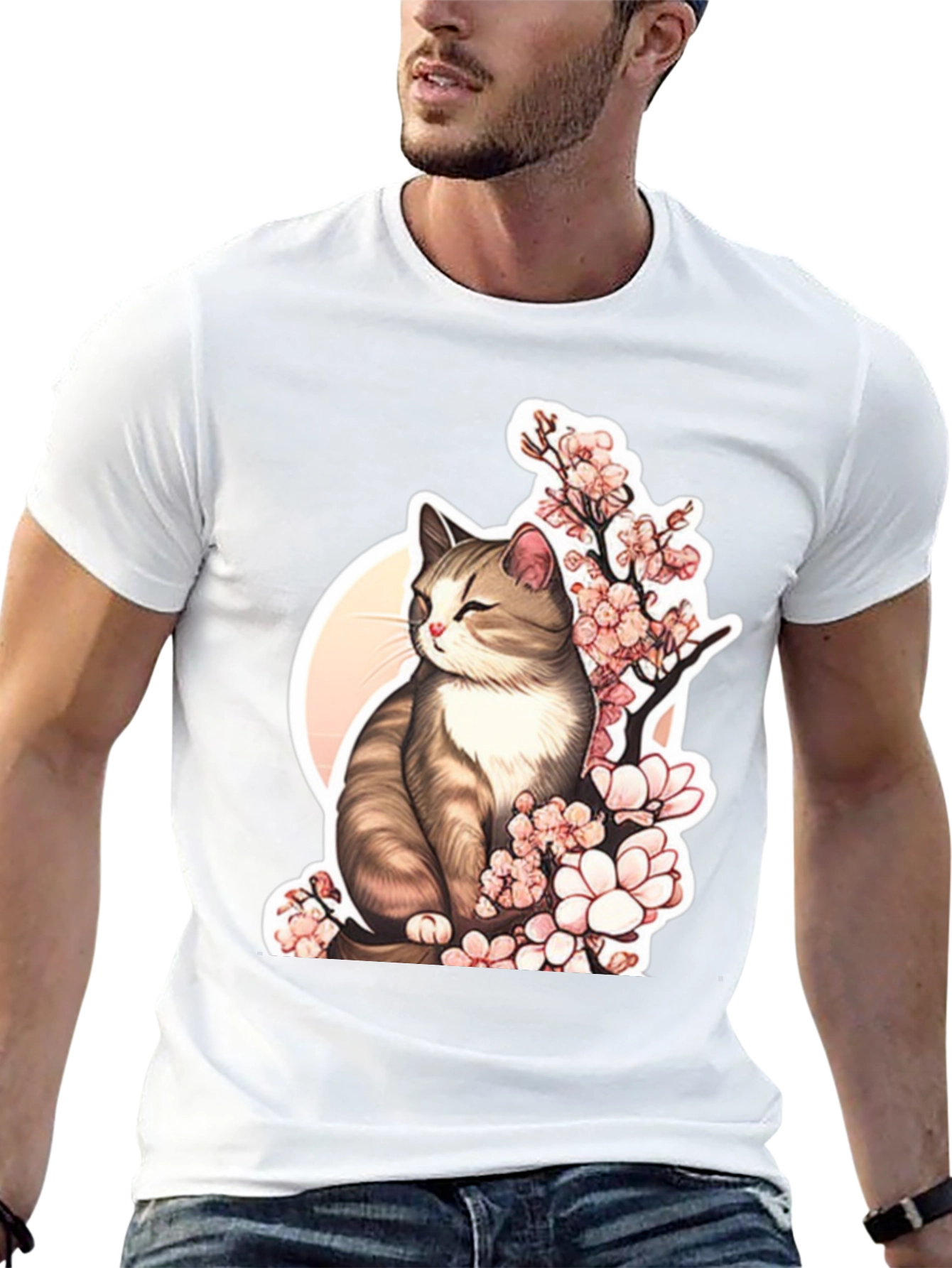 Cat & Cherry Blossom T-Shirt: Black Cotton Tee