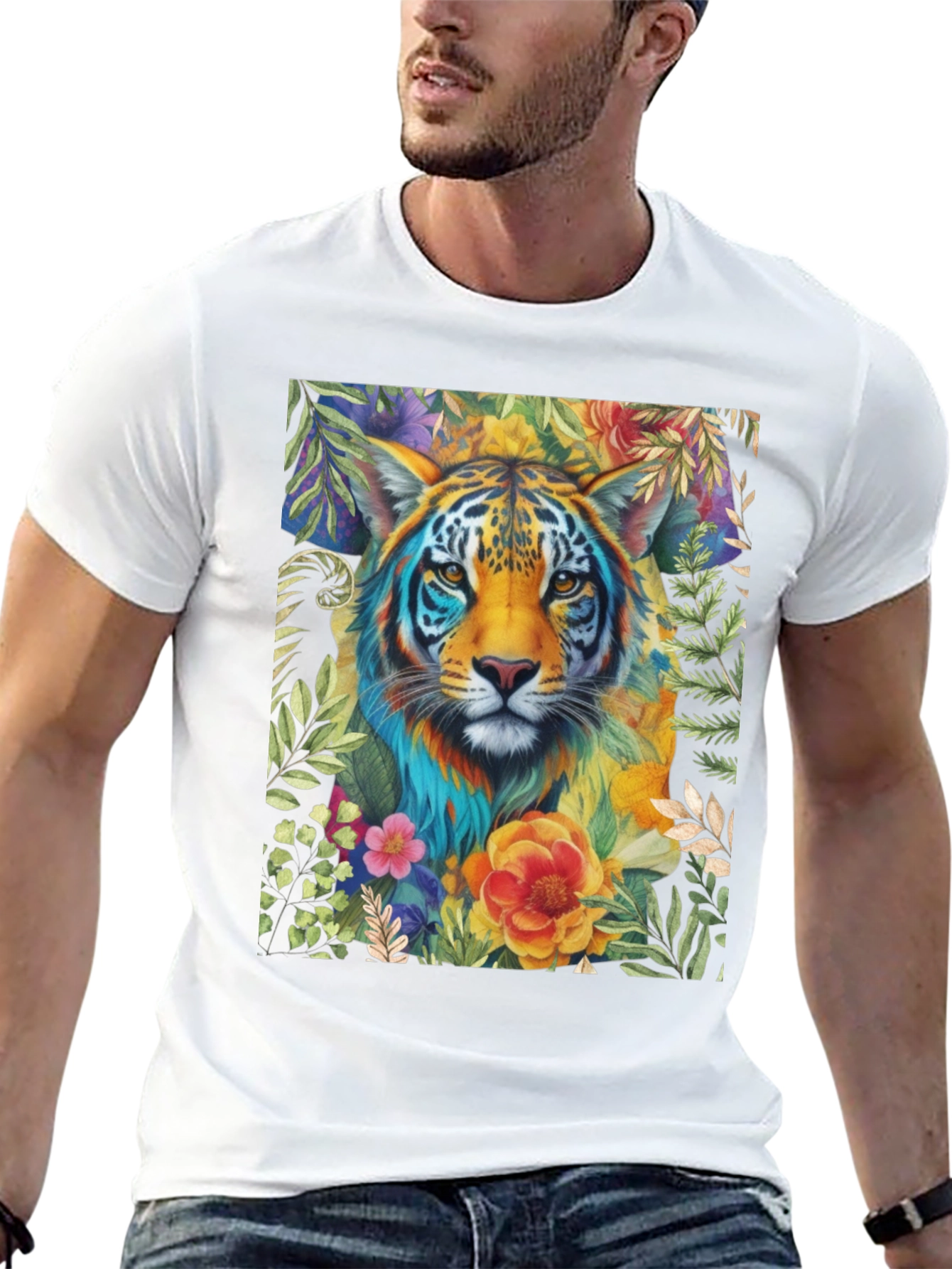 Floral Tiger Graphic Tee - Artistic Animal Shirt