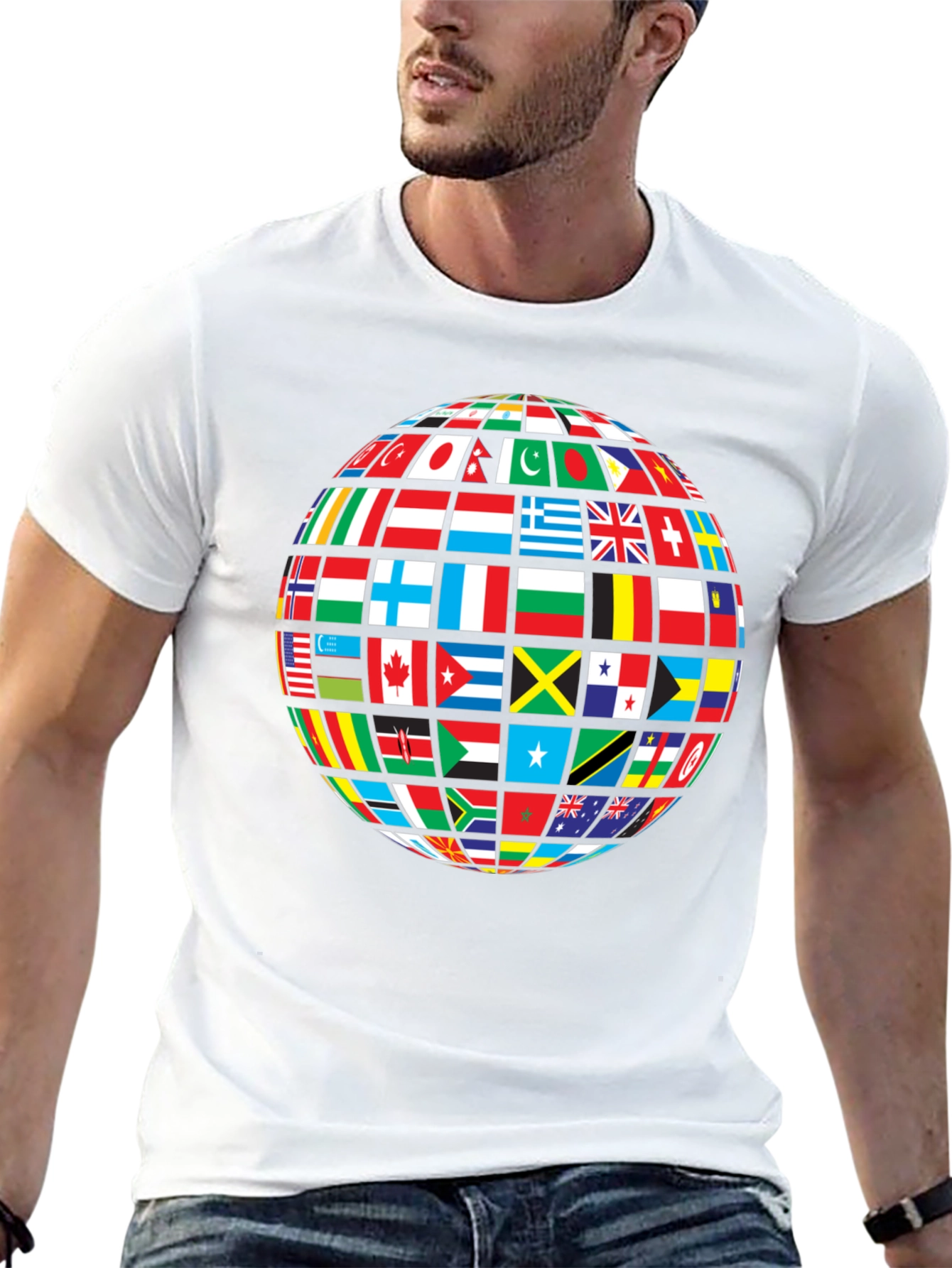 Global Flags Graphic Tee - Black Crew Neck Shirt