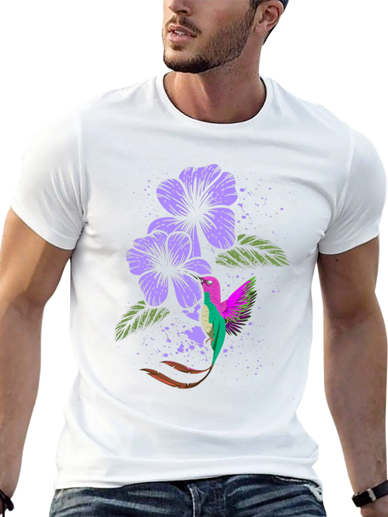 Hummingbird & Floral Print Black T-Shirt