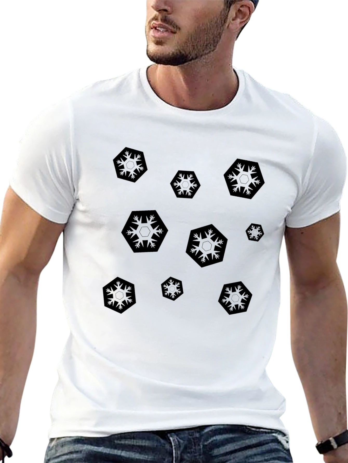 Modern Hexagon Snowflake Black T-Shirt