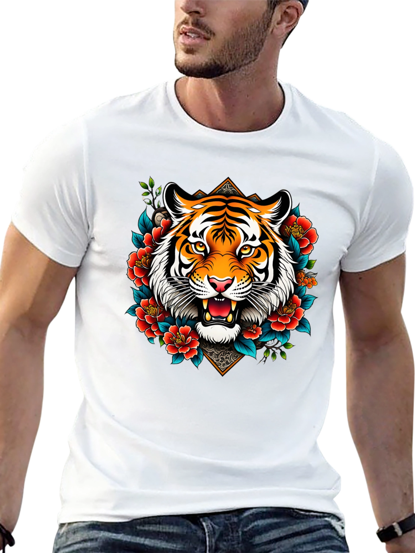 Tiger Floral Graphic Print Black T-Shirt