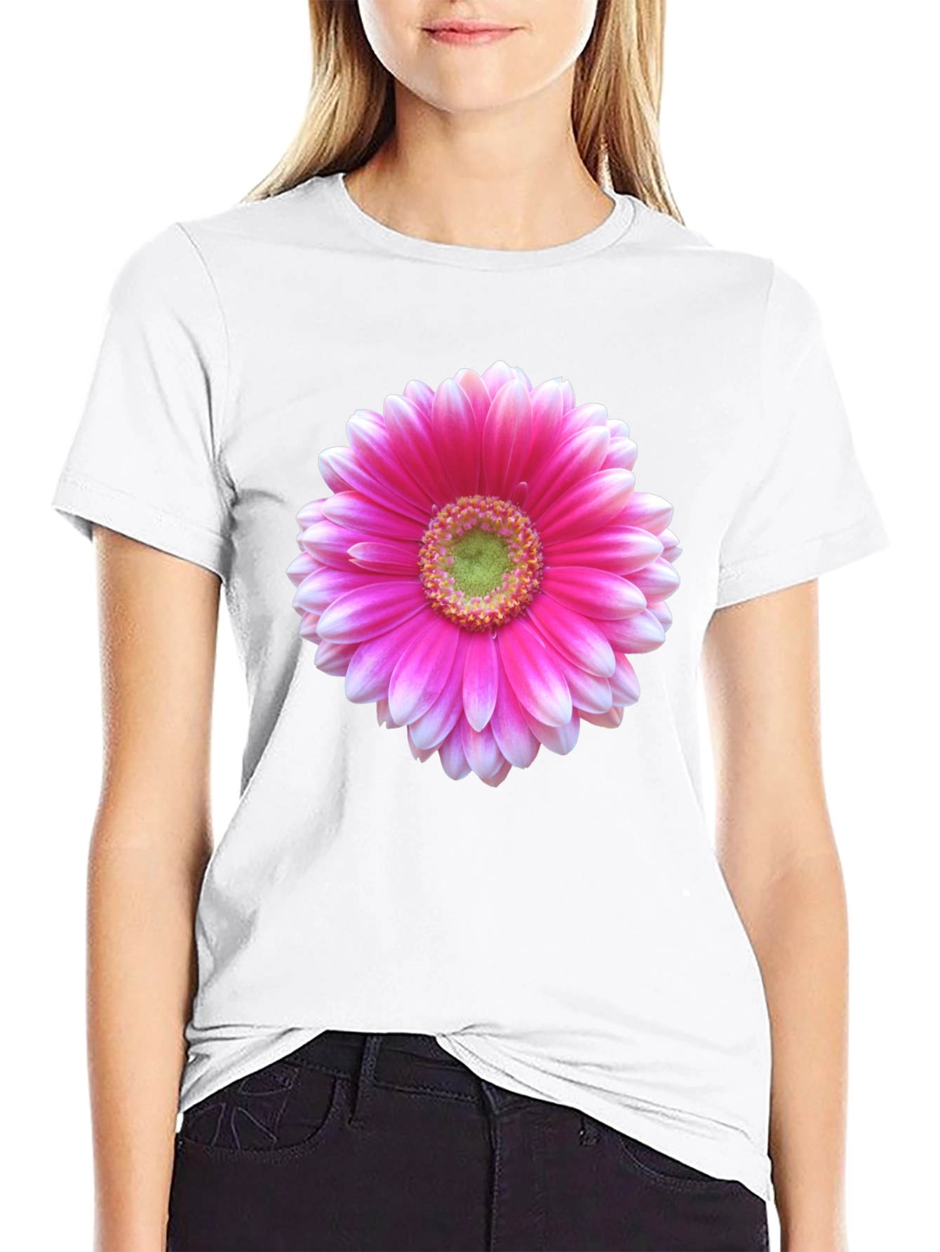 Pink Flower Graphic Black T-Shirt